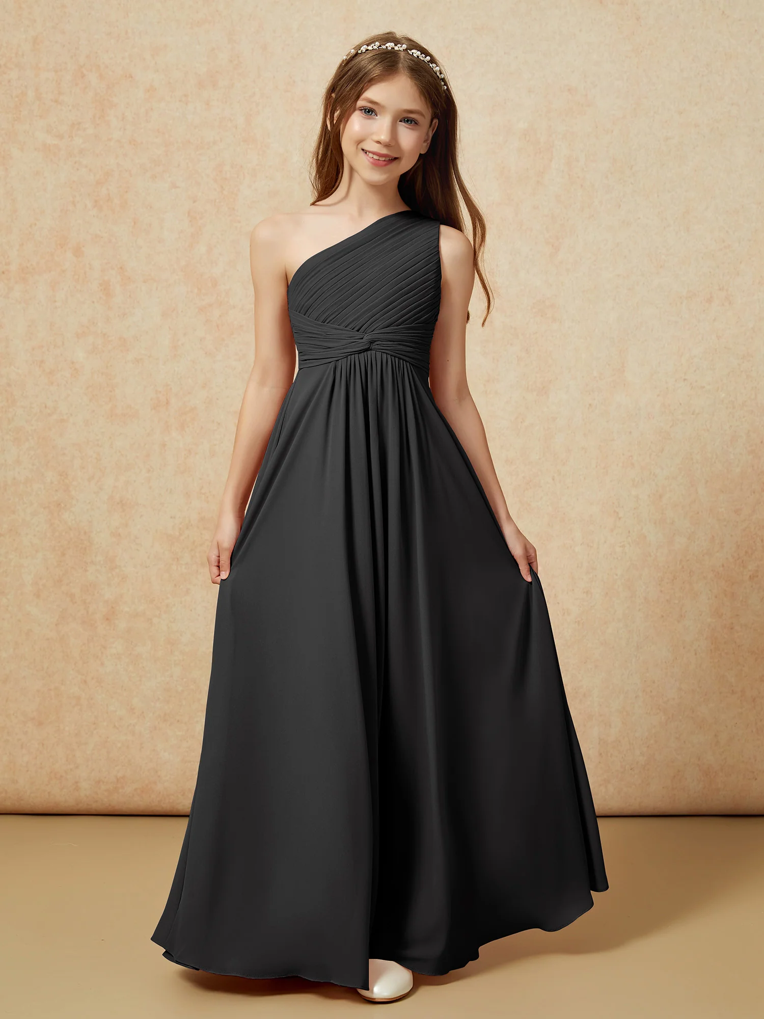 One Shoulder Pleated Chiffon Junior Bridesmaid Dress Black - Image 4