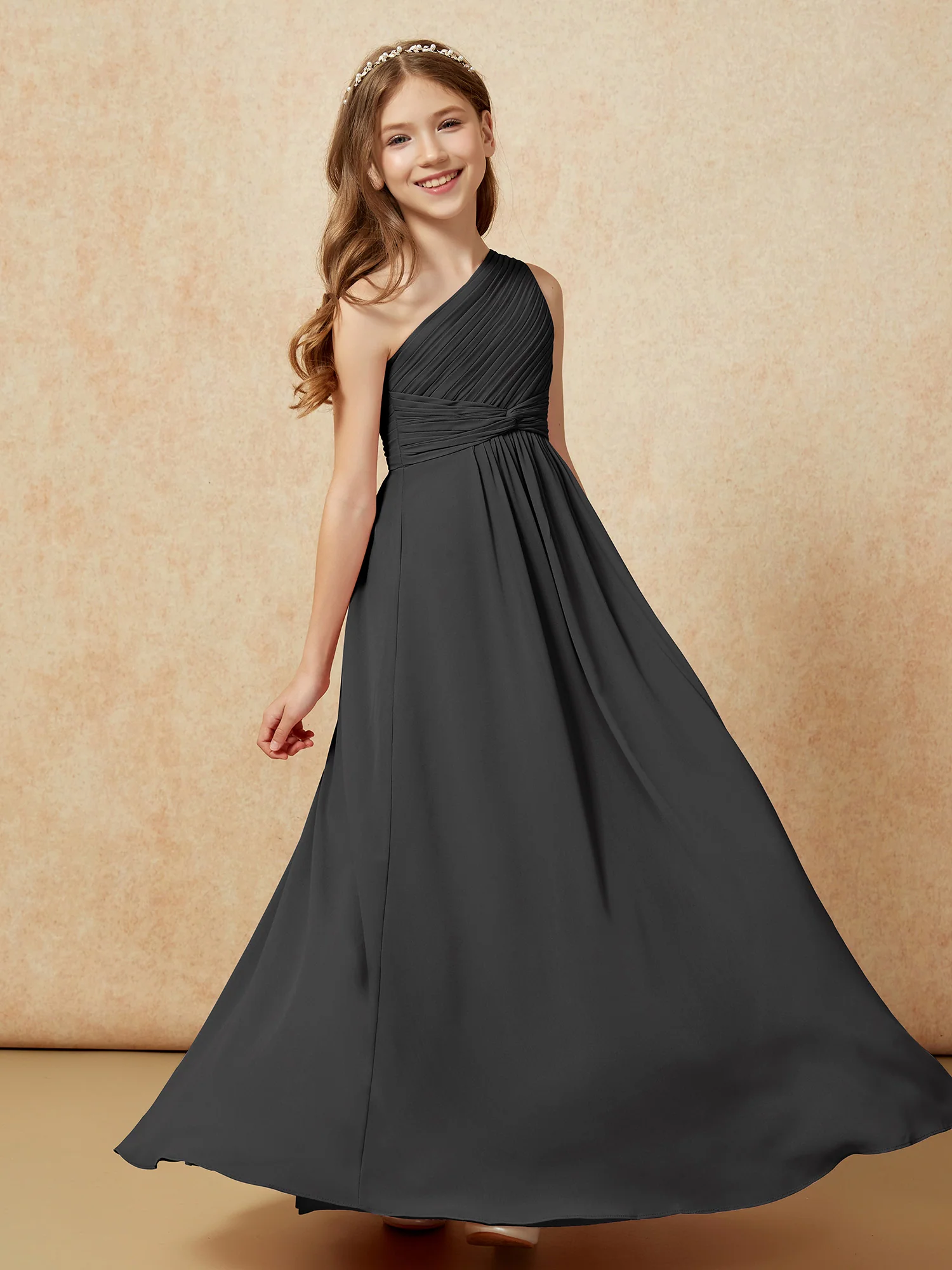 One Shoulder Pleated Chiffon Junior Bridesmaid Dress Black - Image 5