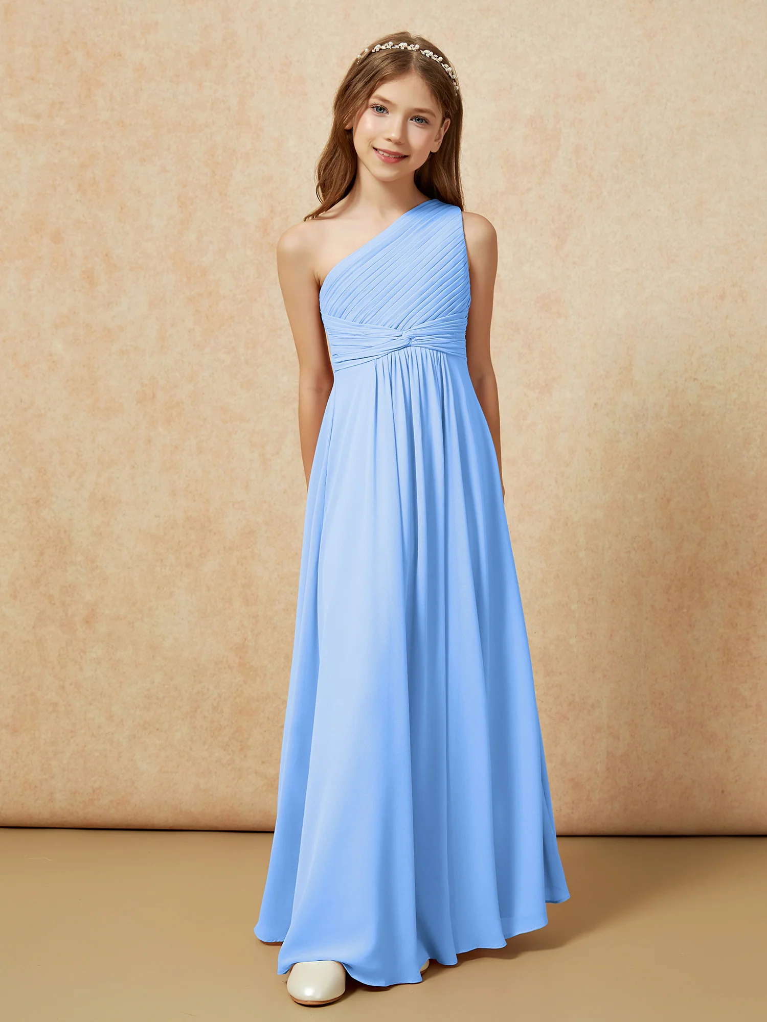 One Shoulder Pleated Chiffon Junior Bridesmaid Dress Blue