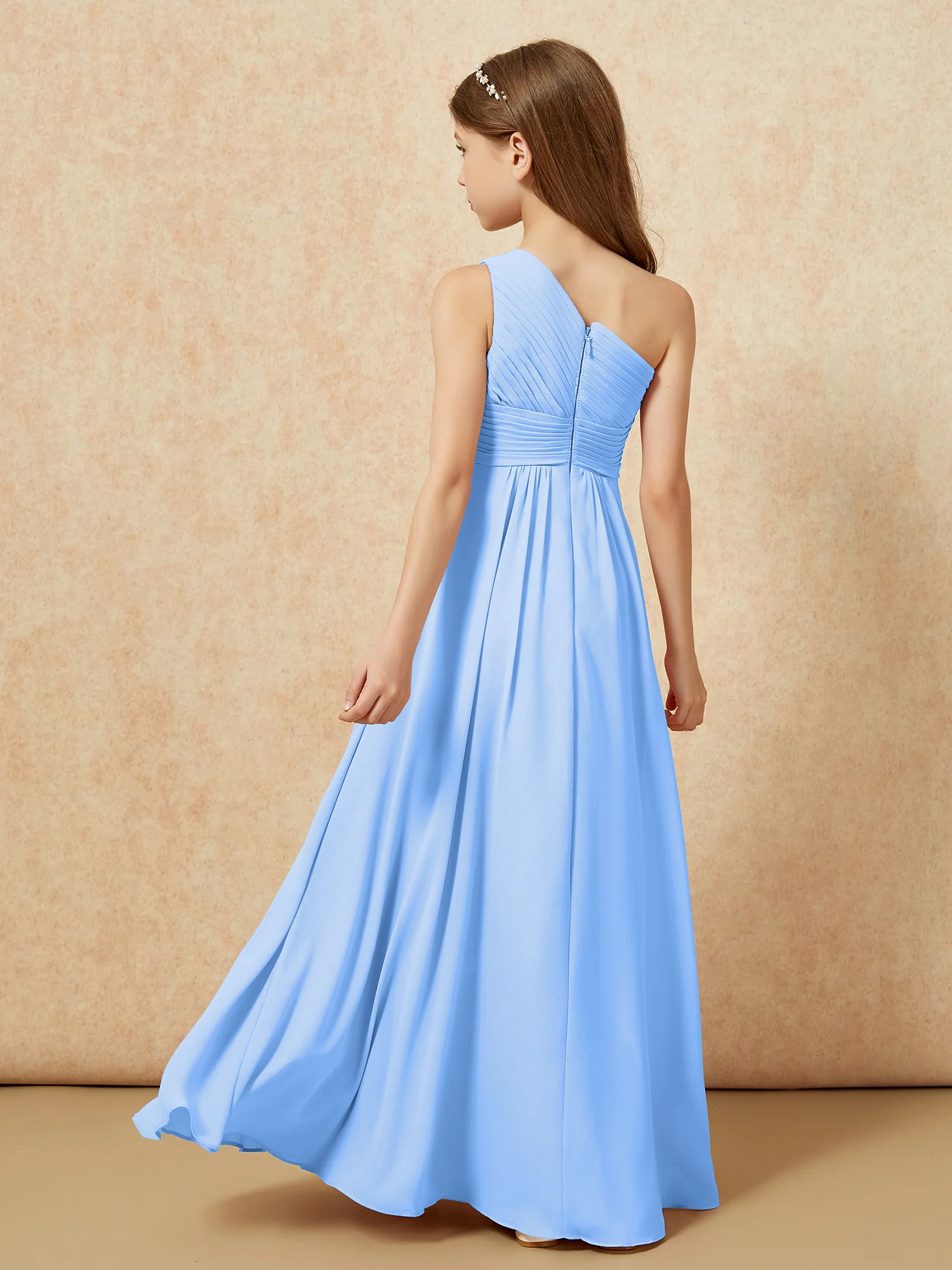 One Shoulder Pleated Chiffon Junior Bridesmaid Dress Blue - Image 2