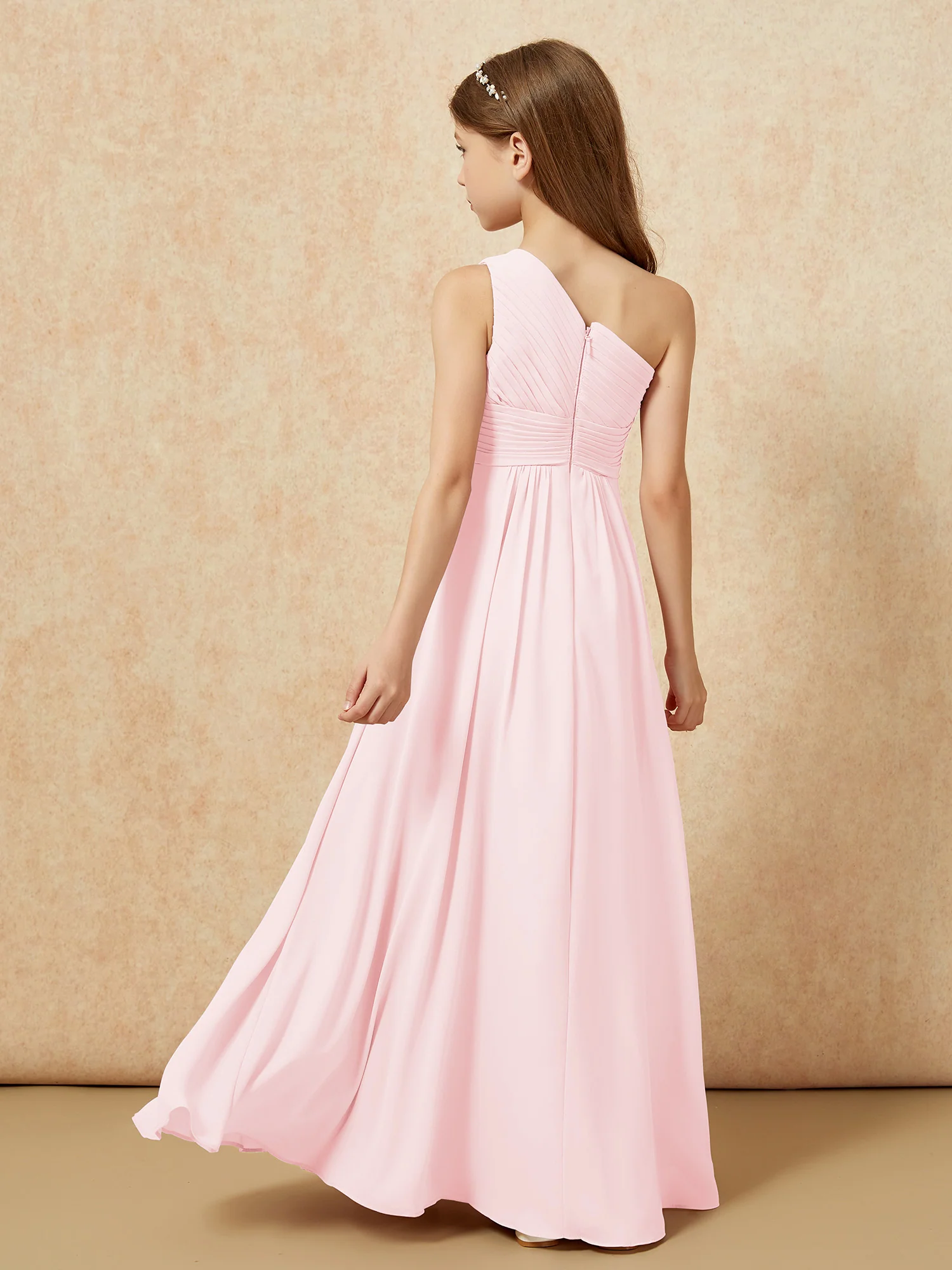 One Shoulder Pleated Chiffon Junior Bridesmaid Dress Blushing Pink - Image 2