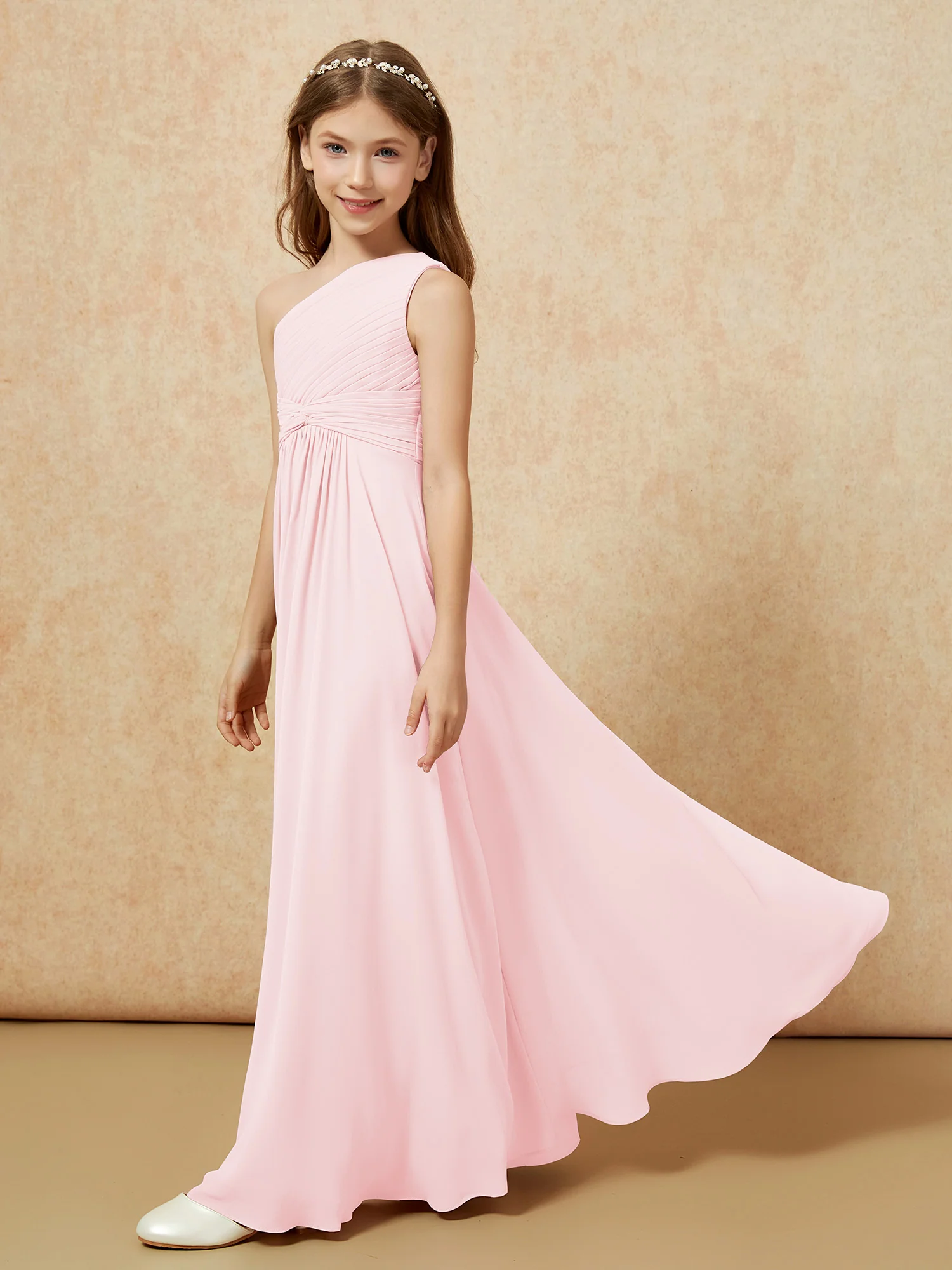 One Shoulder Pleated Chiffon Junior Bridesmaid Dress Blushing Pink - Image 3