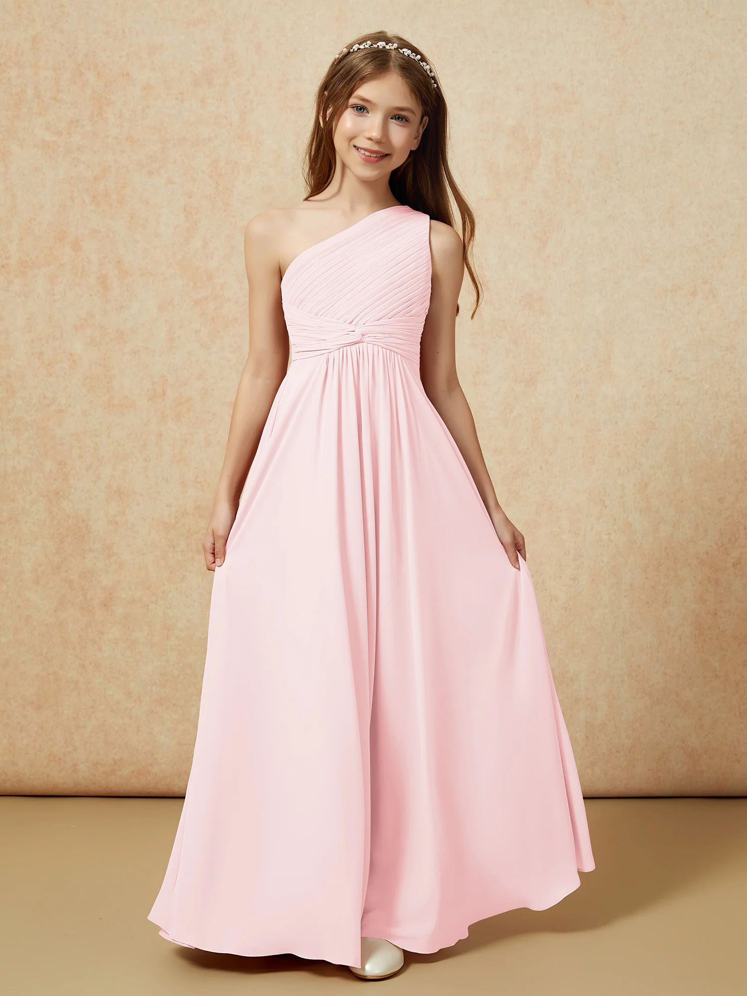 One Shoulder Pleated Chiffon Junior Bridesmaid Dress Blushing Pink - Image 4