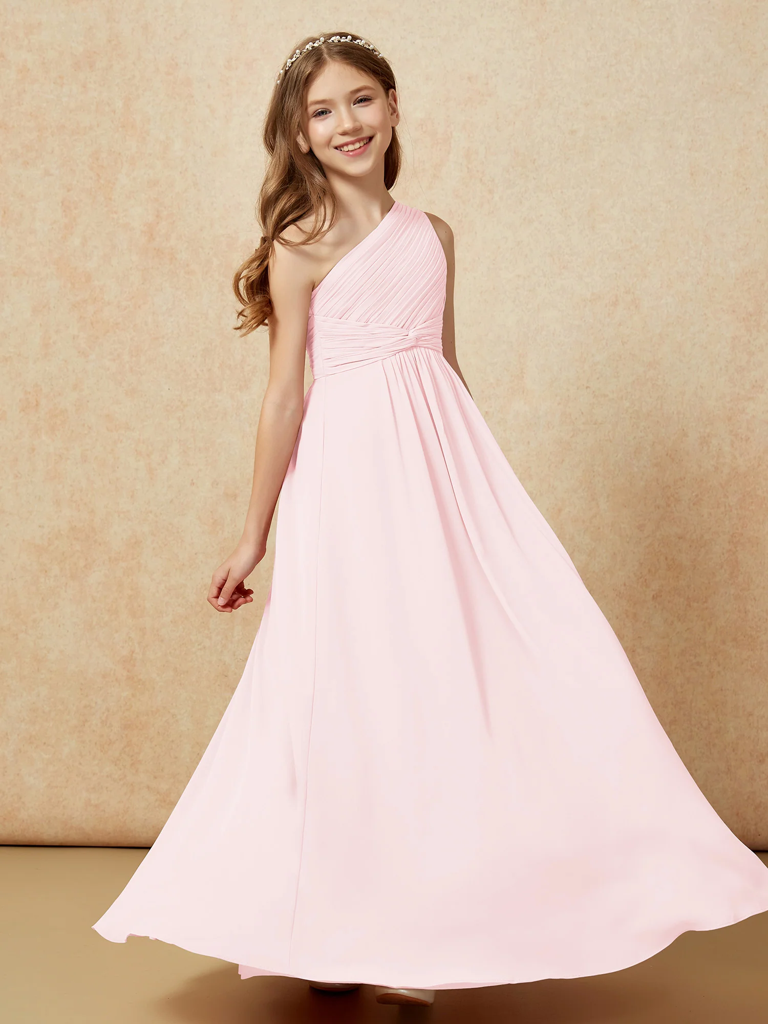 One Shoulder Pleated Chiffon Junior Bridesmaid Dress Blushing Pink - Image 5