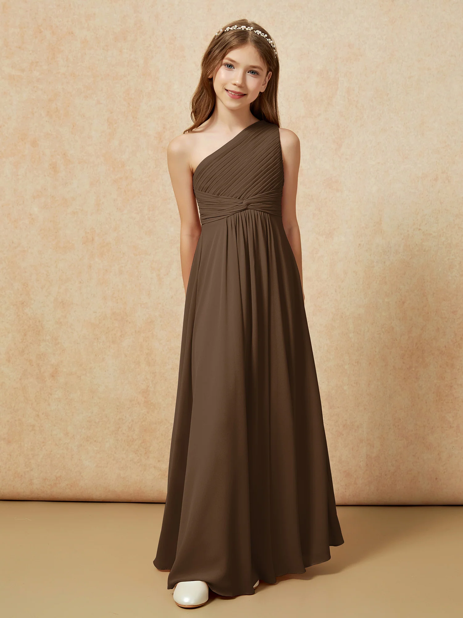 One Shoulder Pleated Chiffon Junior Bridesmaid Dress Brown