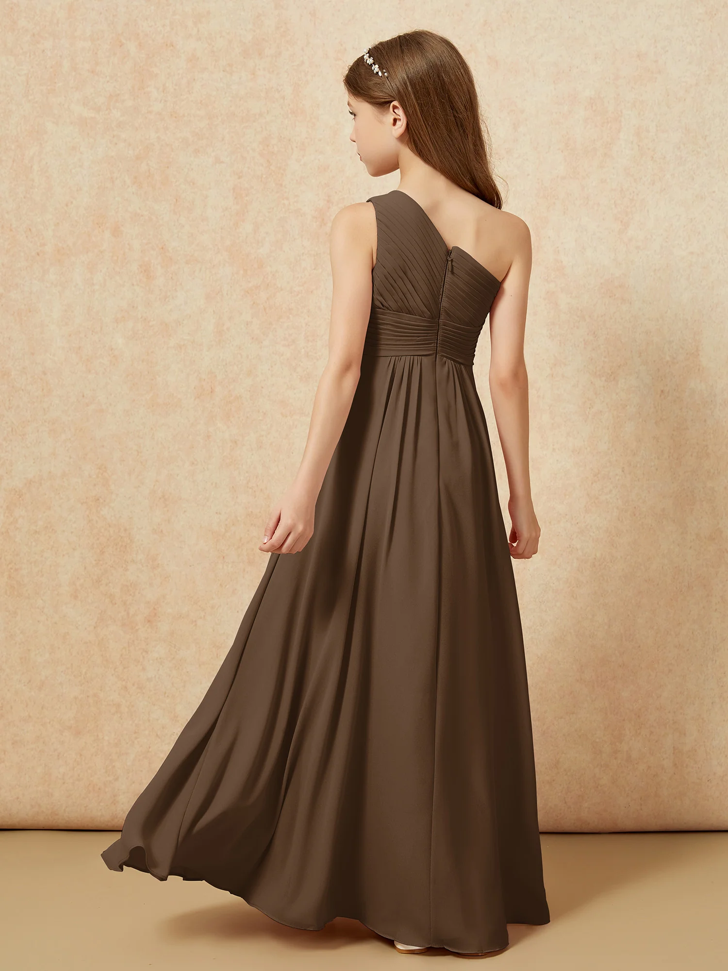 One Shoulder Pleated Chiffon Junior Bridesmaid Dress Brown - Image 2