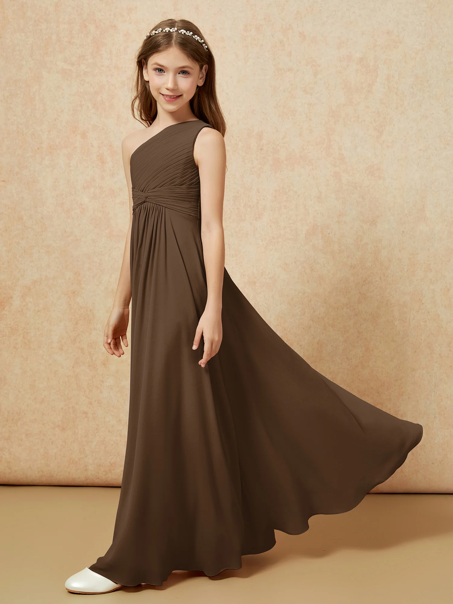 One Shoulder Pleated Chiffon Junior Bridesmaid Dress Brown - Image 3
