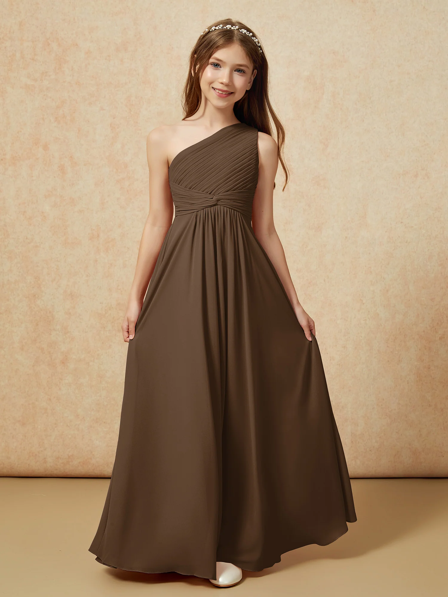 One Shoulder Pleated Chiffon Junior Bridesmaid Dress Brown - Image 4