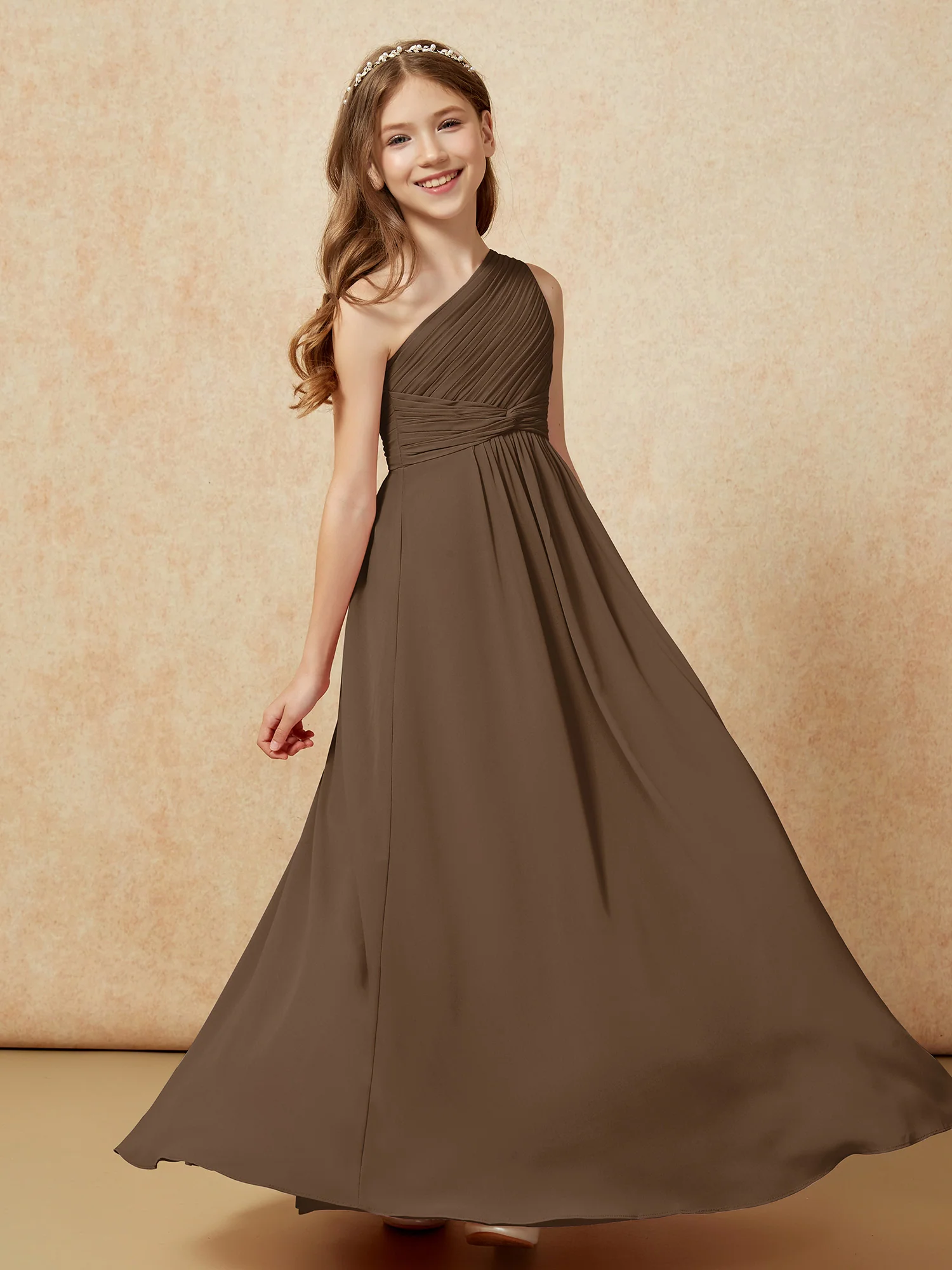 One Shoulder Pleated Chiffon Junior Bridesmaid Dress Brown - Image 5