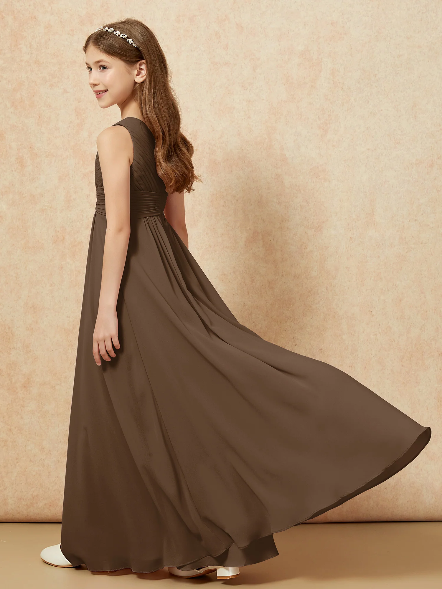 One Shoulder Pleated Chiffon Junior Bridesmaid Dress Brown - Image 6