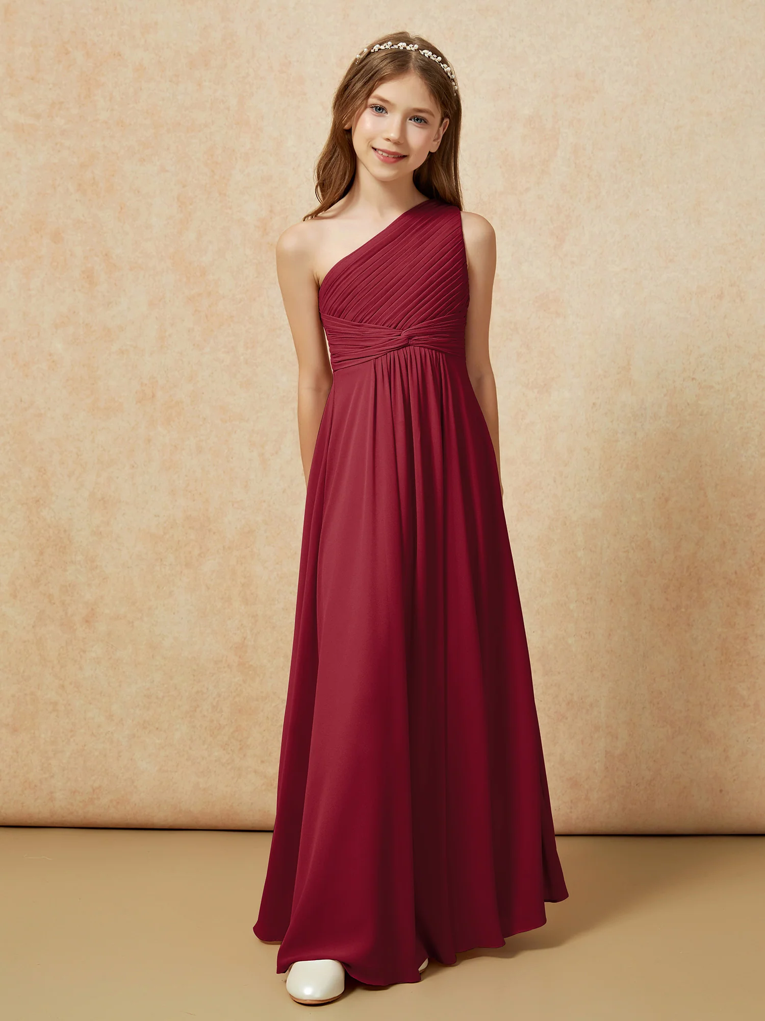 One Shoulder Pleated Chiffon Junior Bridesmaid Dress Burgundy