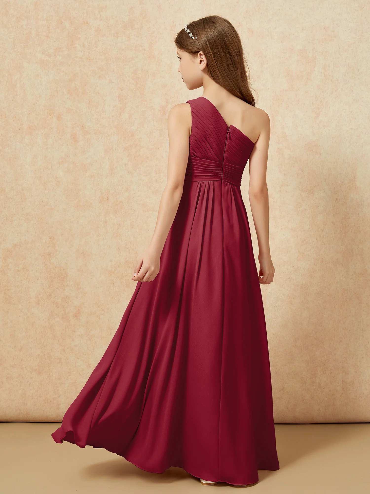 One Shoulder Pleated Chiffon Junior Bridesmaid Dress Burgundy - Image 2