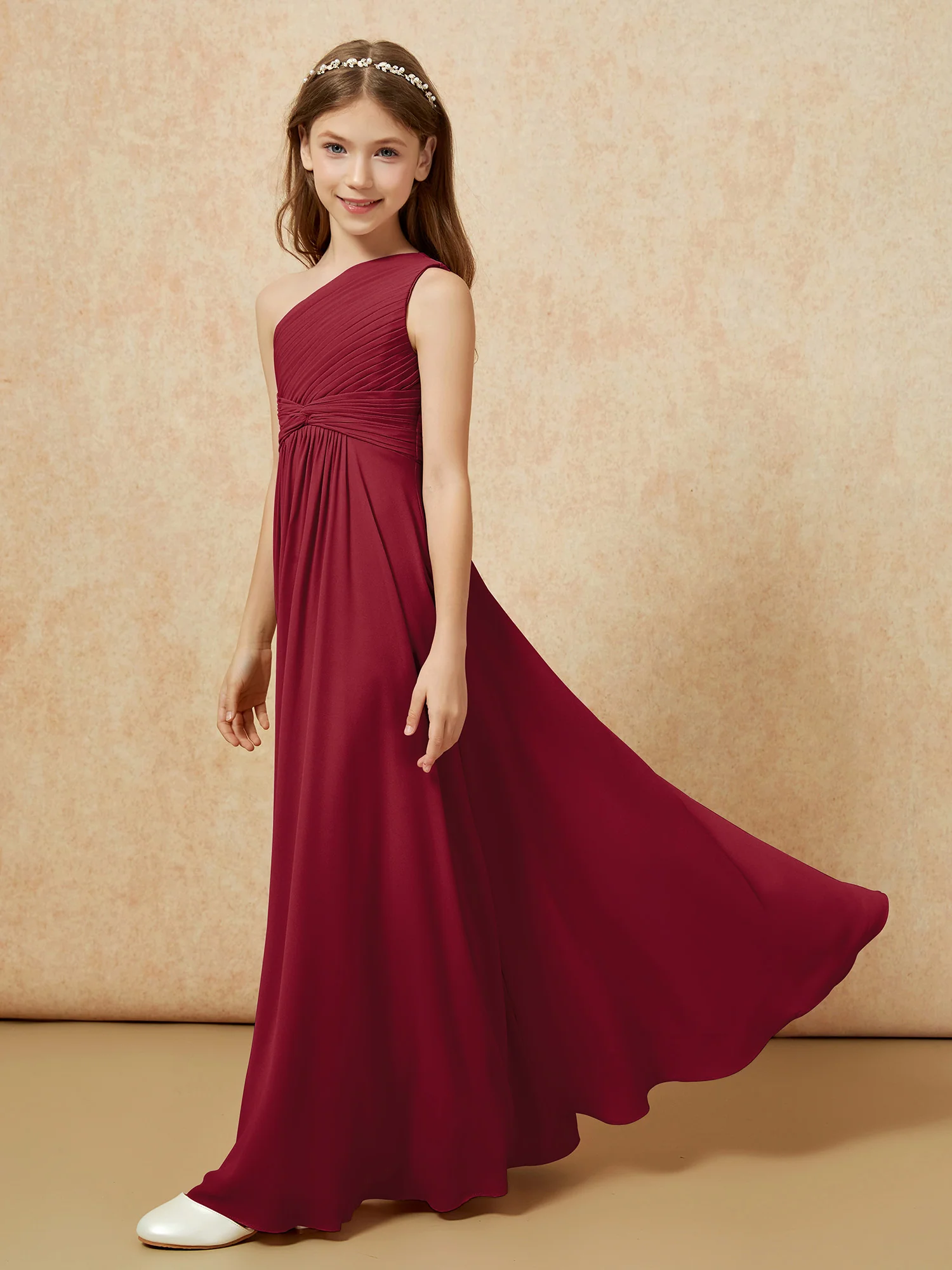 One Shoulder Pleated Chiffon Junior Bridesmaid Dress Burgundy - Image 3
