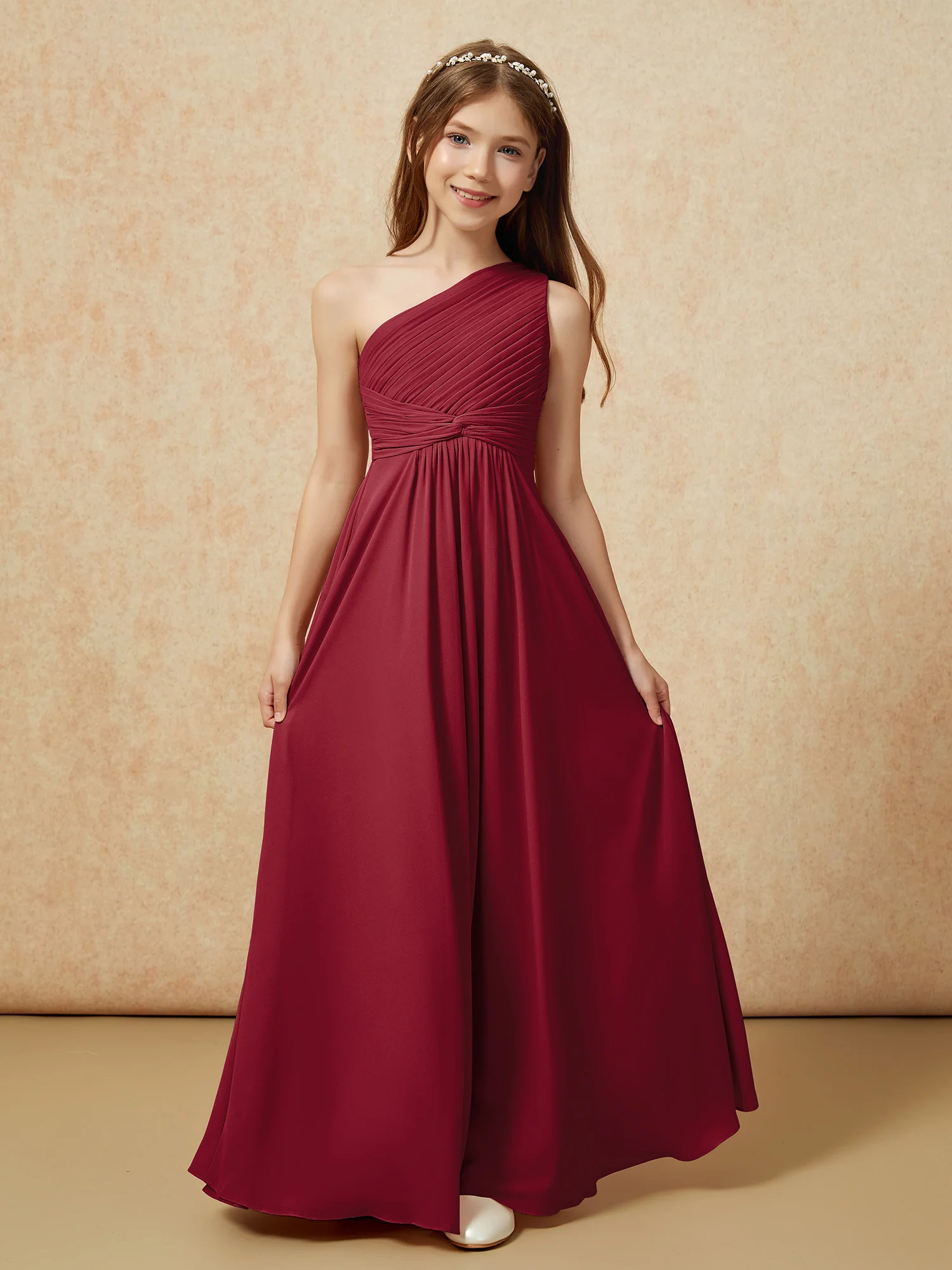 One Shoulder Pleated Chiffon Junior Bridesmaid Dress Burgundy - Image 4