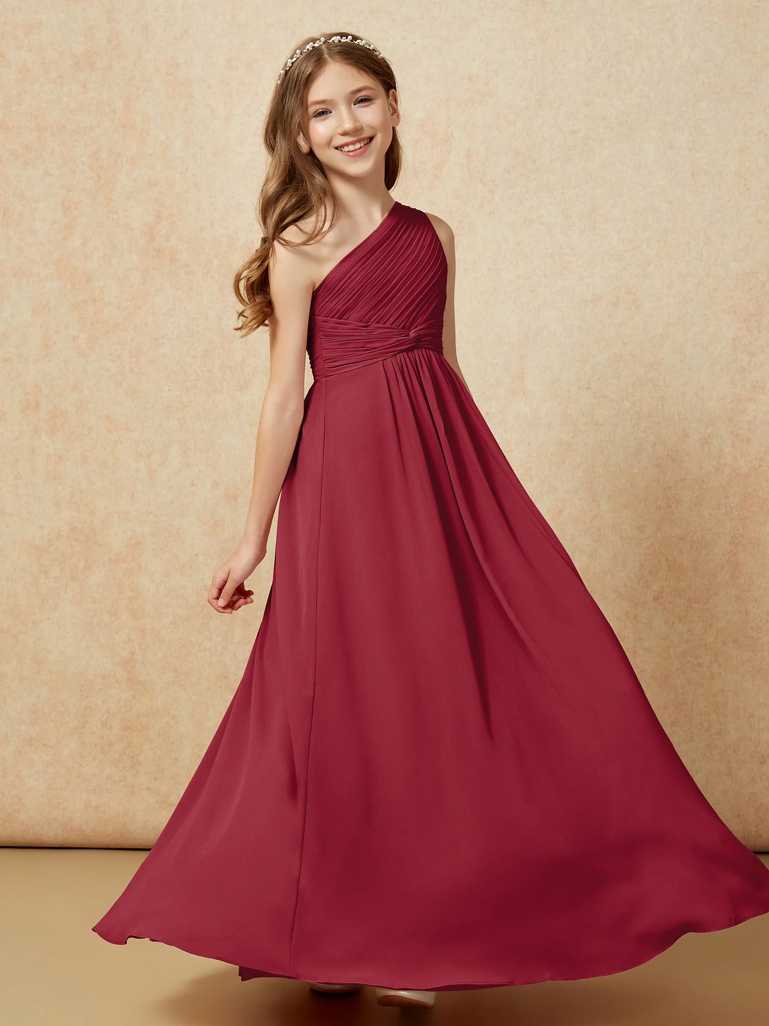 One Shoulder Pleated Chiffon Junior Bridesmaid Dress Burgundy - Image 5