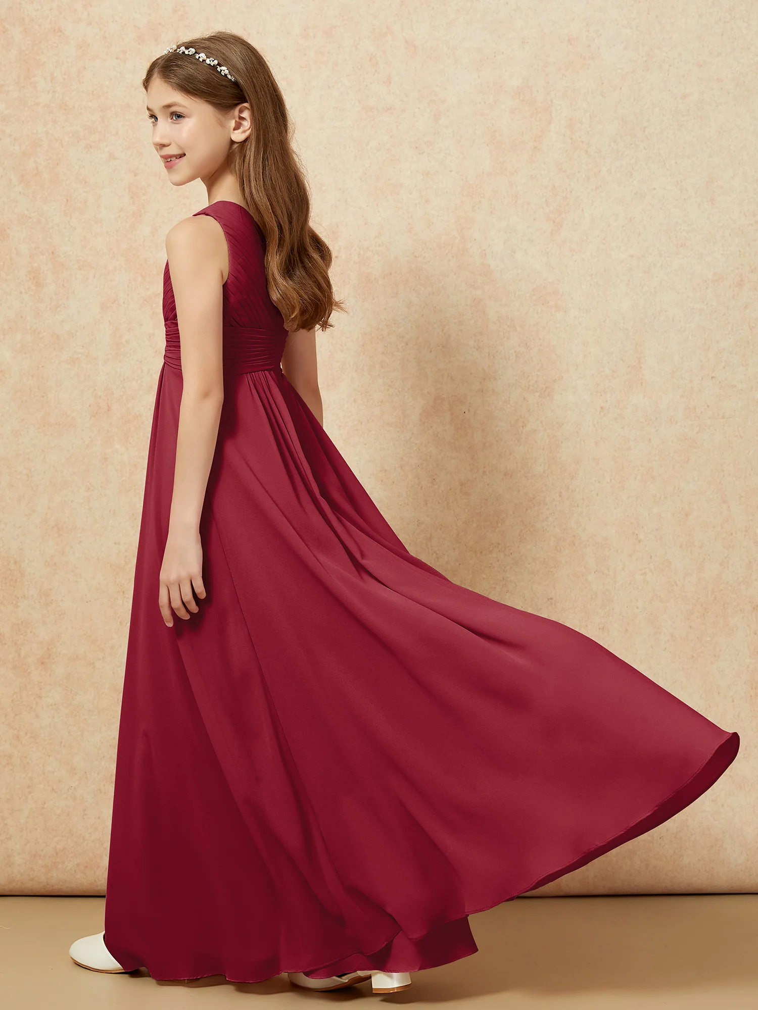 One Shoulder Pleated Chiffon Junior Bridesmaid Dress Burgundy - Image 6
