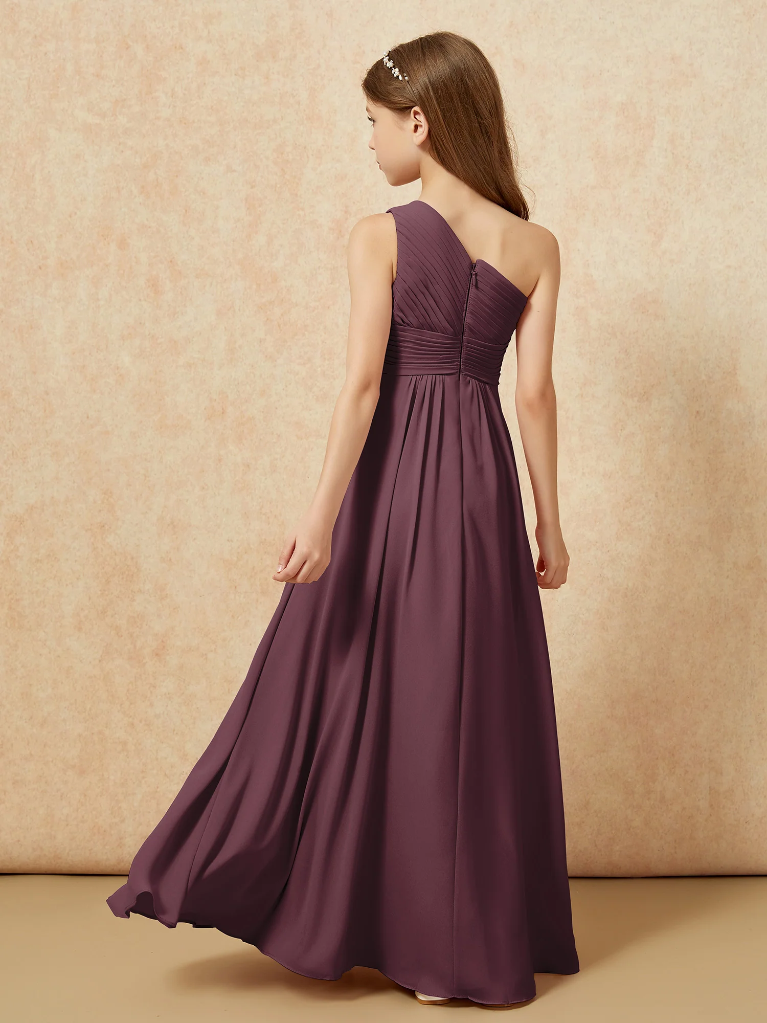 One Shoulder Pleated Chiffon Junior Bridesmaid Dress Cabernet - Image 2