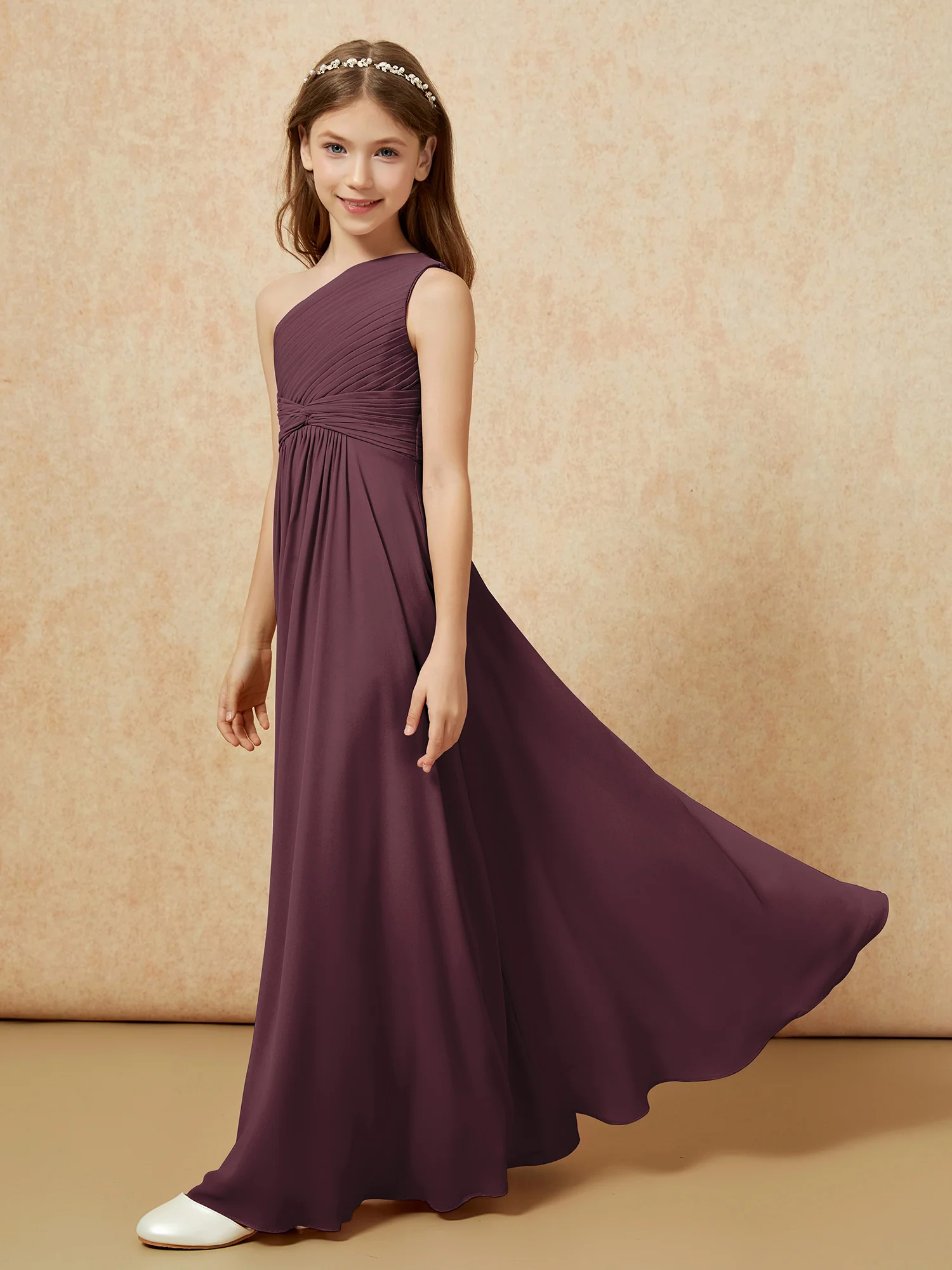 One Shoulder Pleated Chiffon Junior Bridesmaid Dress Cabernet - Image 3