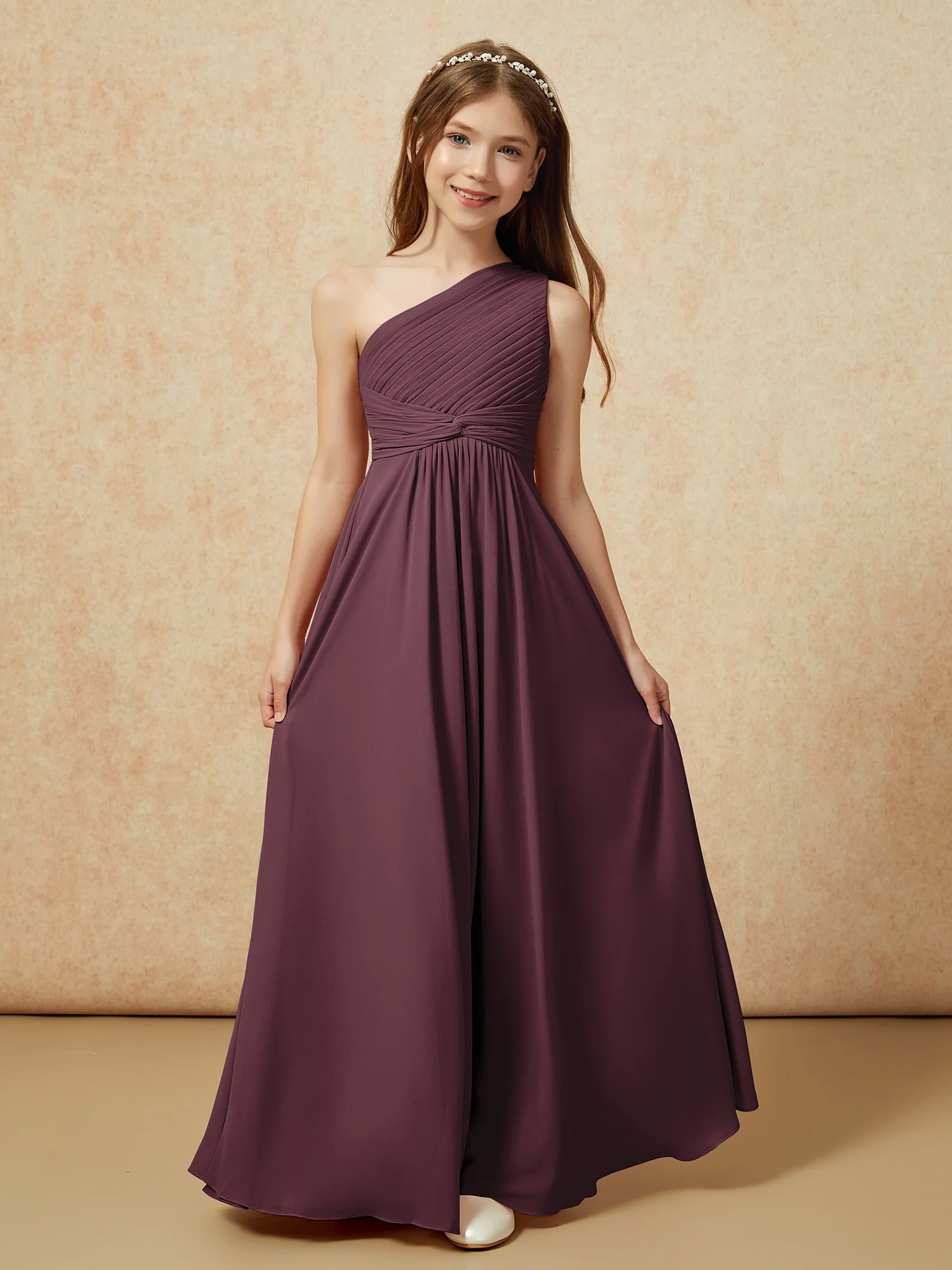 One Shoulder Pleated Chiffon Junior Bridesmaid Dress Cabernet - Image 4