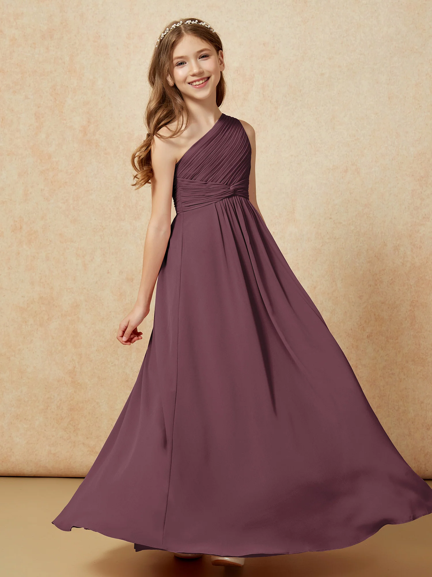 One Shoulder Pleated Chiffon Junior Bridesmaid Dress Cabernet - Image 5
