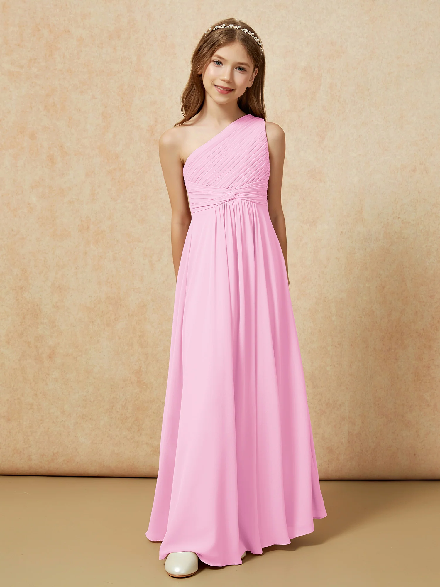 One Shoulder Pleated Chiffon Junior Bridesmaid Dress Candy Pink