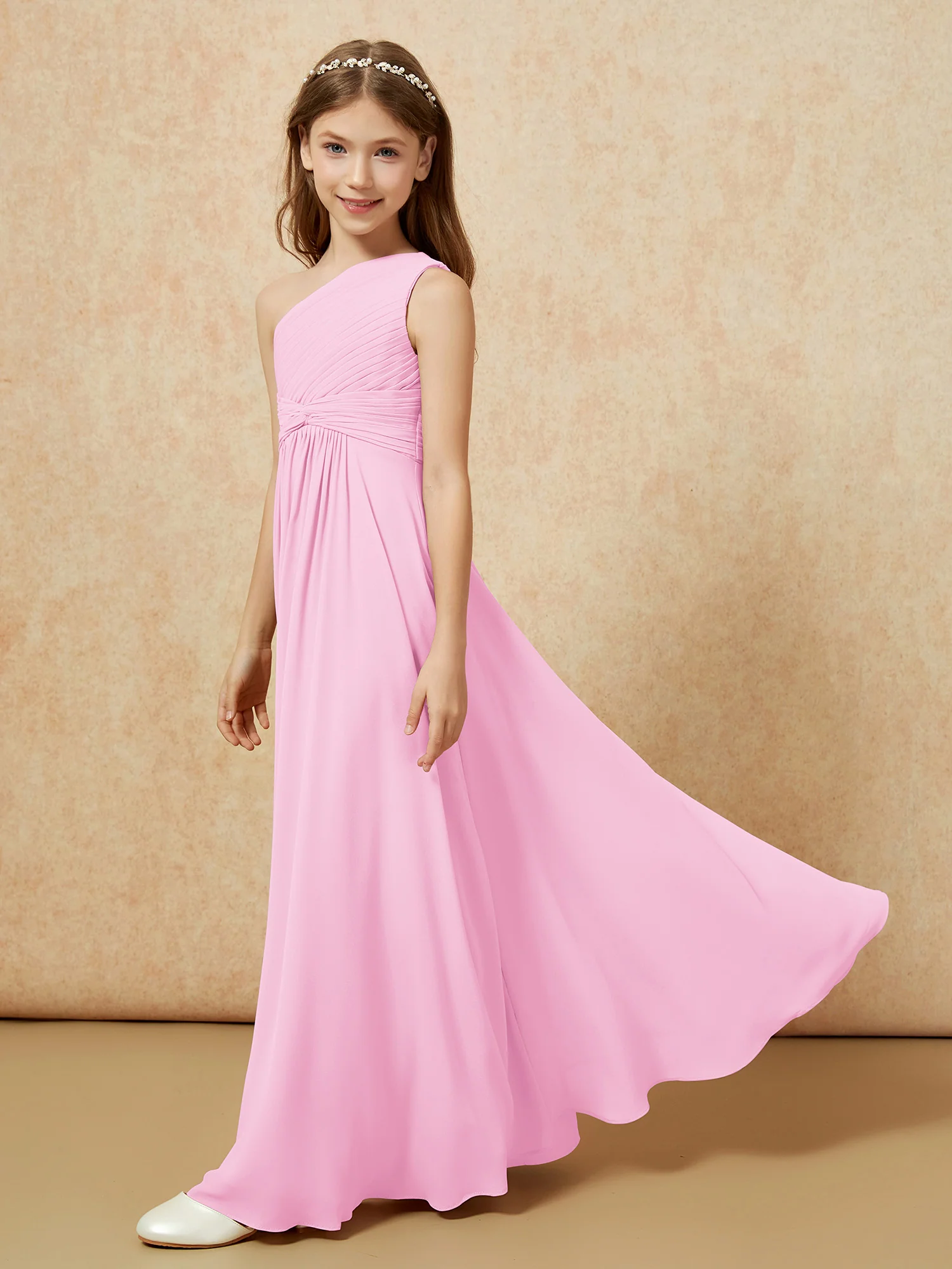 One Shoulder Pleated Chiffon Junior Bridesmaid Dress Candy Pink - Image 3