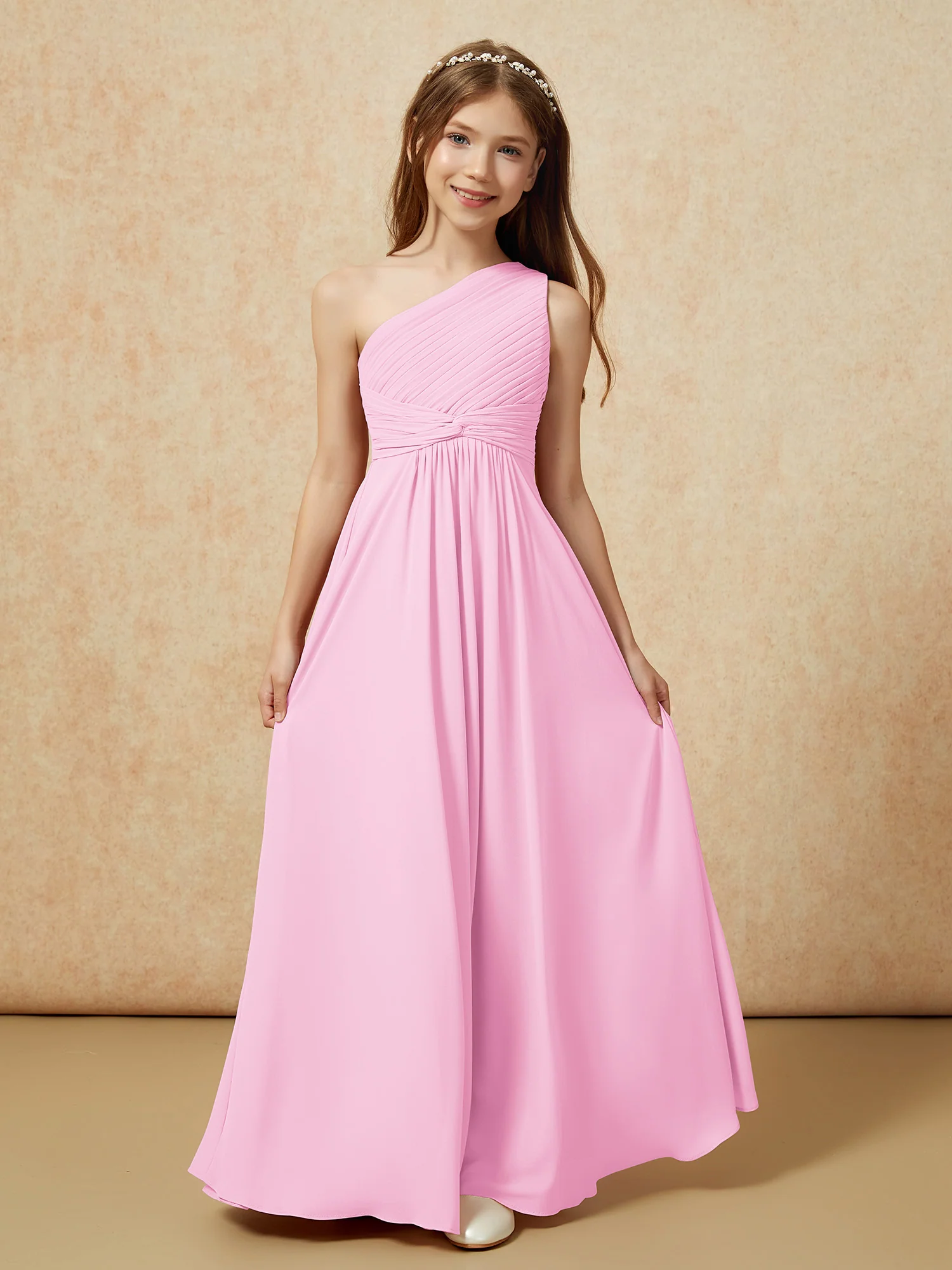 One Shoulder Pleated Chiffon Junior Bridesmaid Dress Candy Pink - Image 4