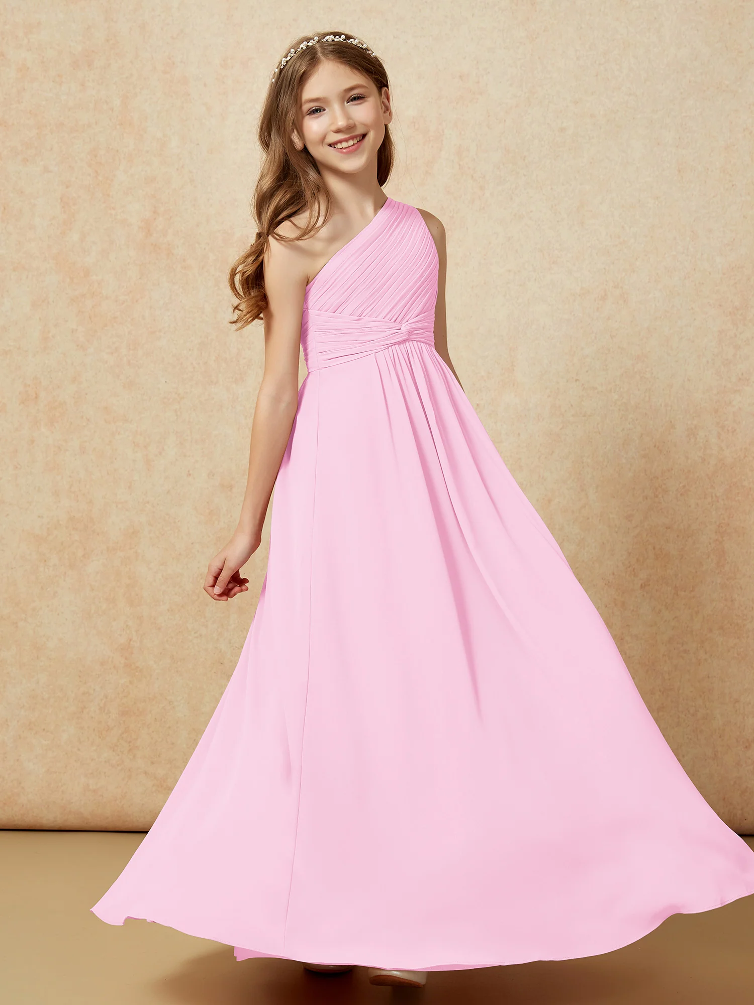 One Shoulder Pleated Chiffon Junior Bridesmaid Dress Candy Pink - Image 5