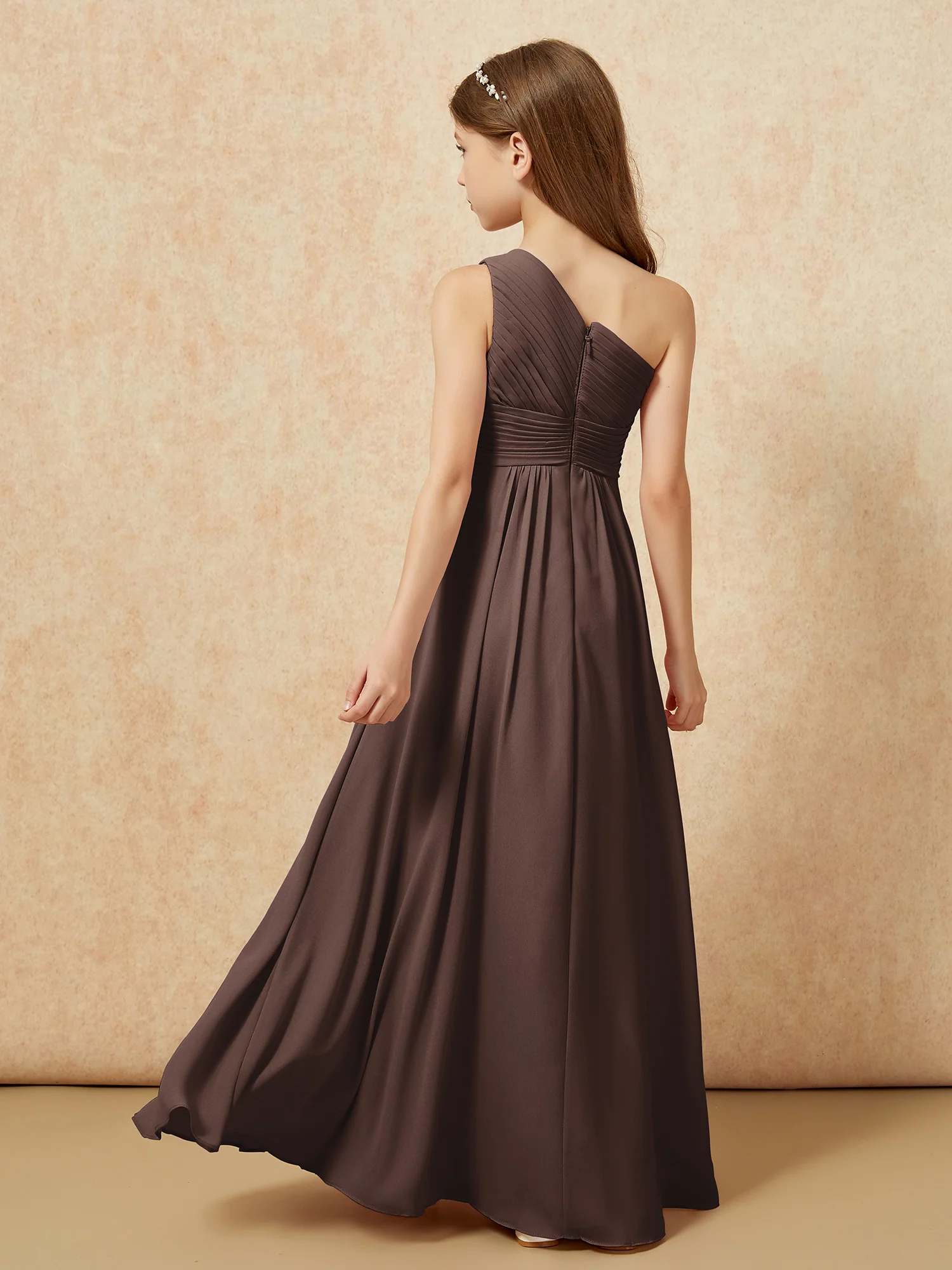 One Shoulder Pleated Chiffon Junior Bridesmaid Dress Chocolate - Image 2