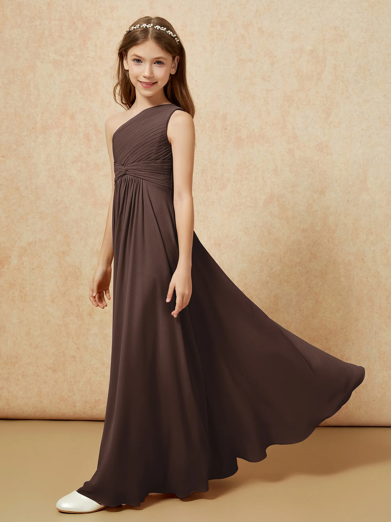 One Shoulder Pleated Chiffon Junior Bridesmaid Dress Chocolate - Image 3
