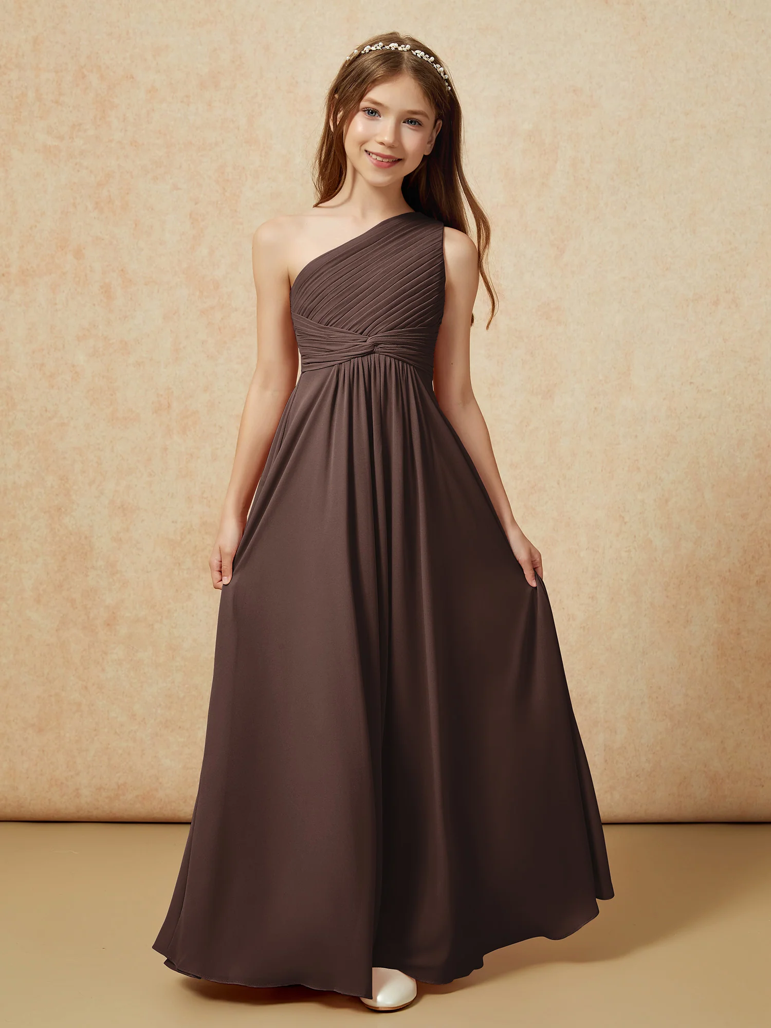 One Shoulder Pleated Chiffon Junior Bridesmaid Dress Chocolate - Image 4