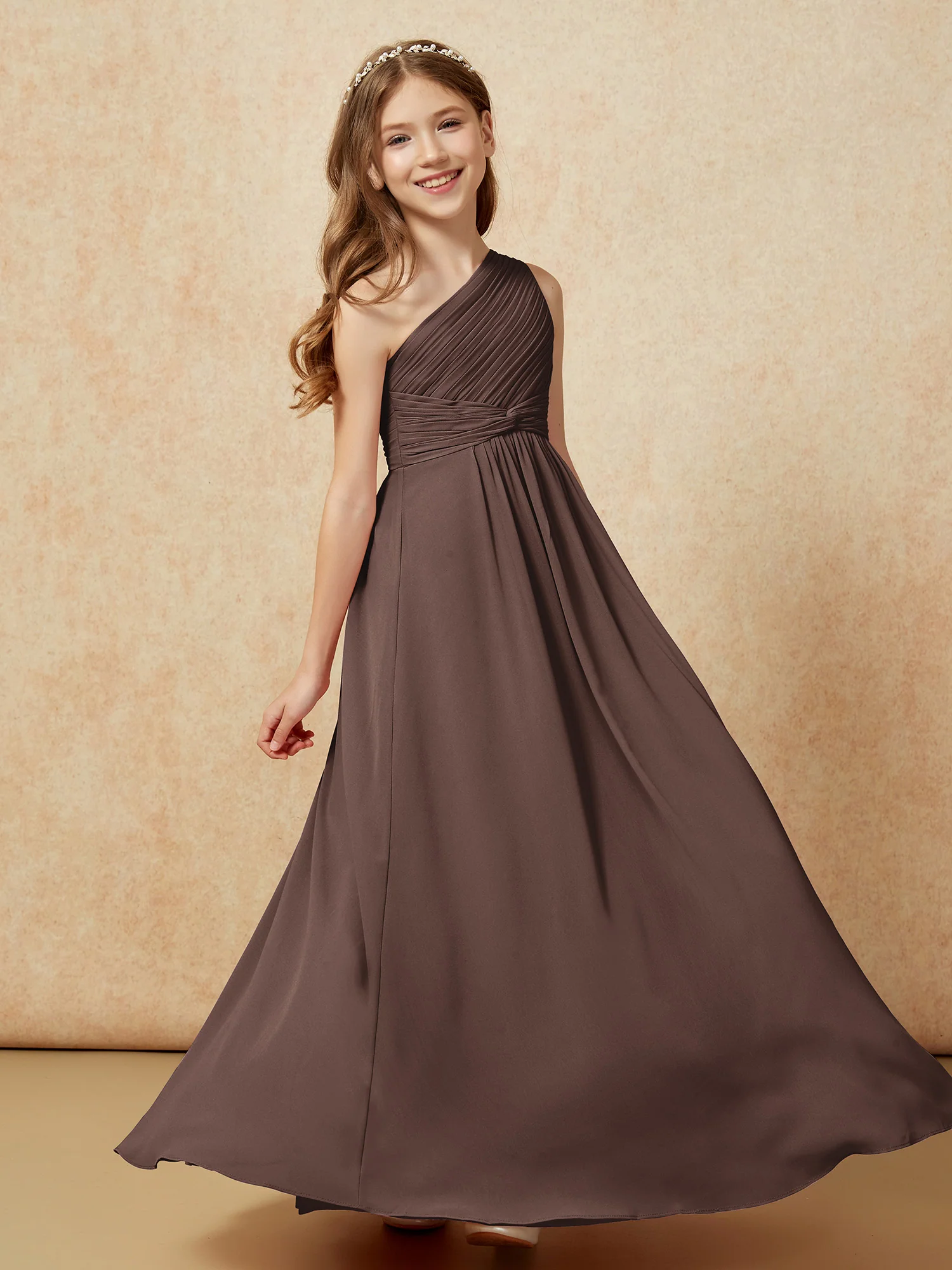 One Shoulder Pleated Chiffon Junior Bridesmaid Dress Chocolate - Image 5