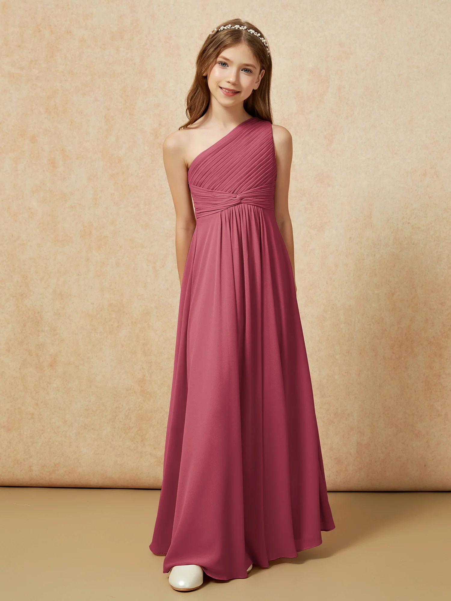 One Shoulder Pleated Chiffon Junior Bridesmaid Dress Cinnamon Rose