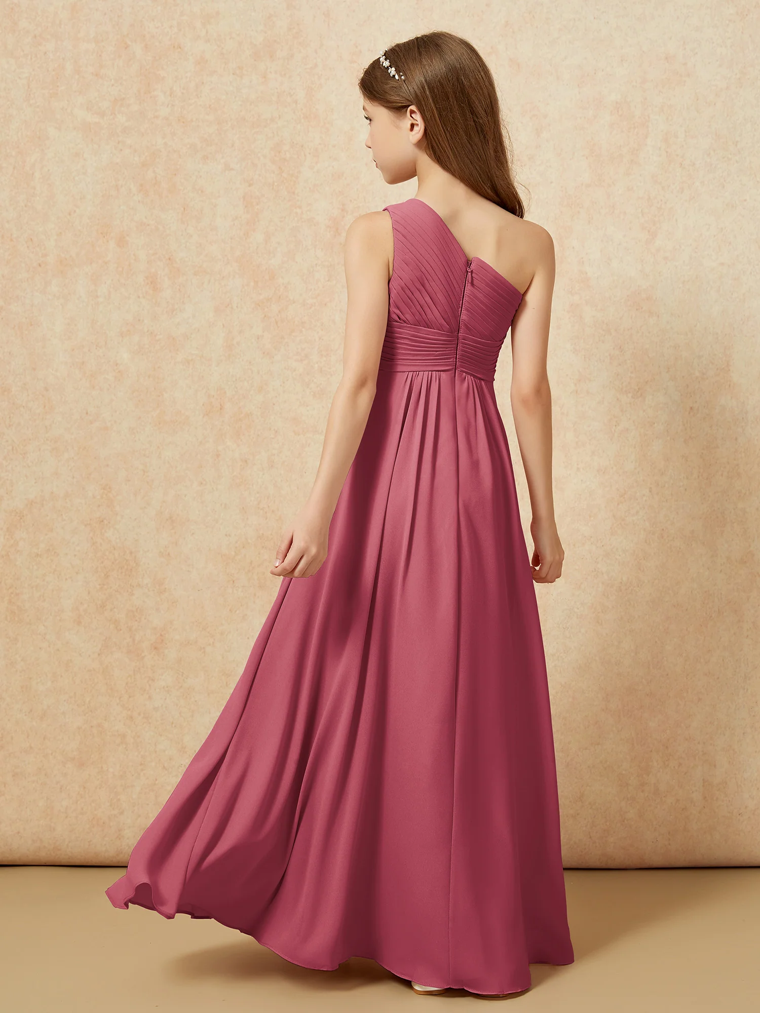 One Shoulder Pleated Chiffon Junior Bridesmaid Dress Cinnamon Rose - Image 2