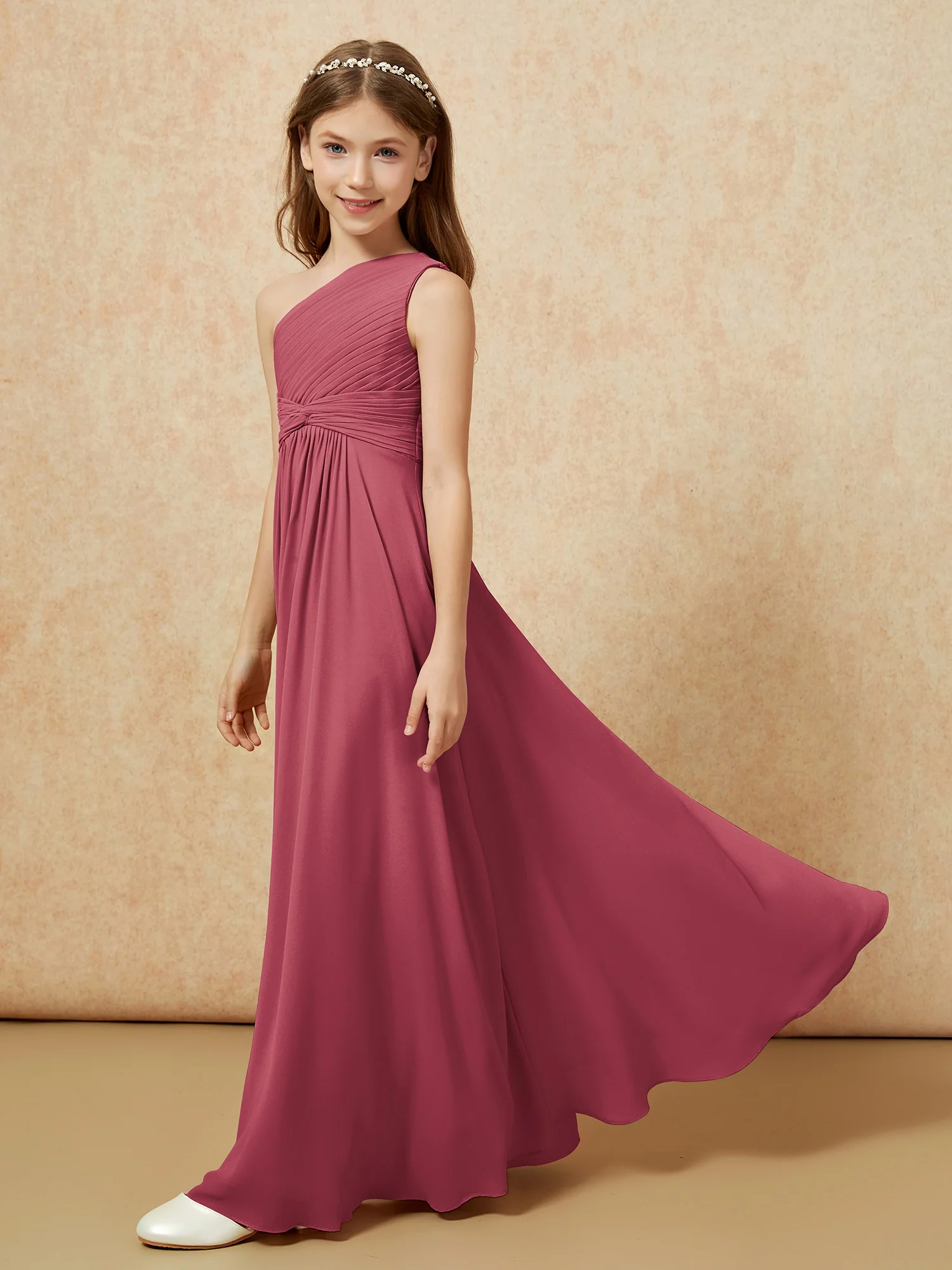 One Shoulder Pleated Chiffon Junior Bridesmaid Dress Cinnamon Rose - Image 3