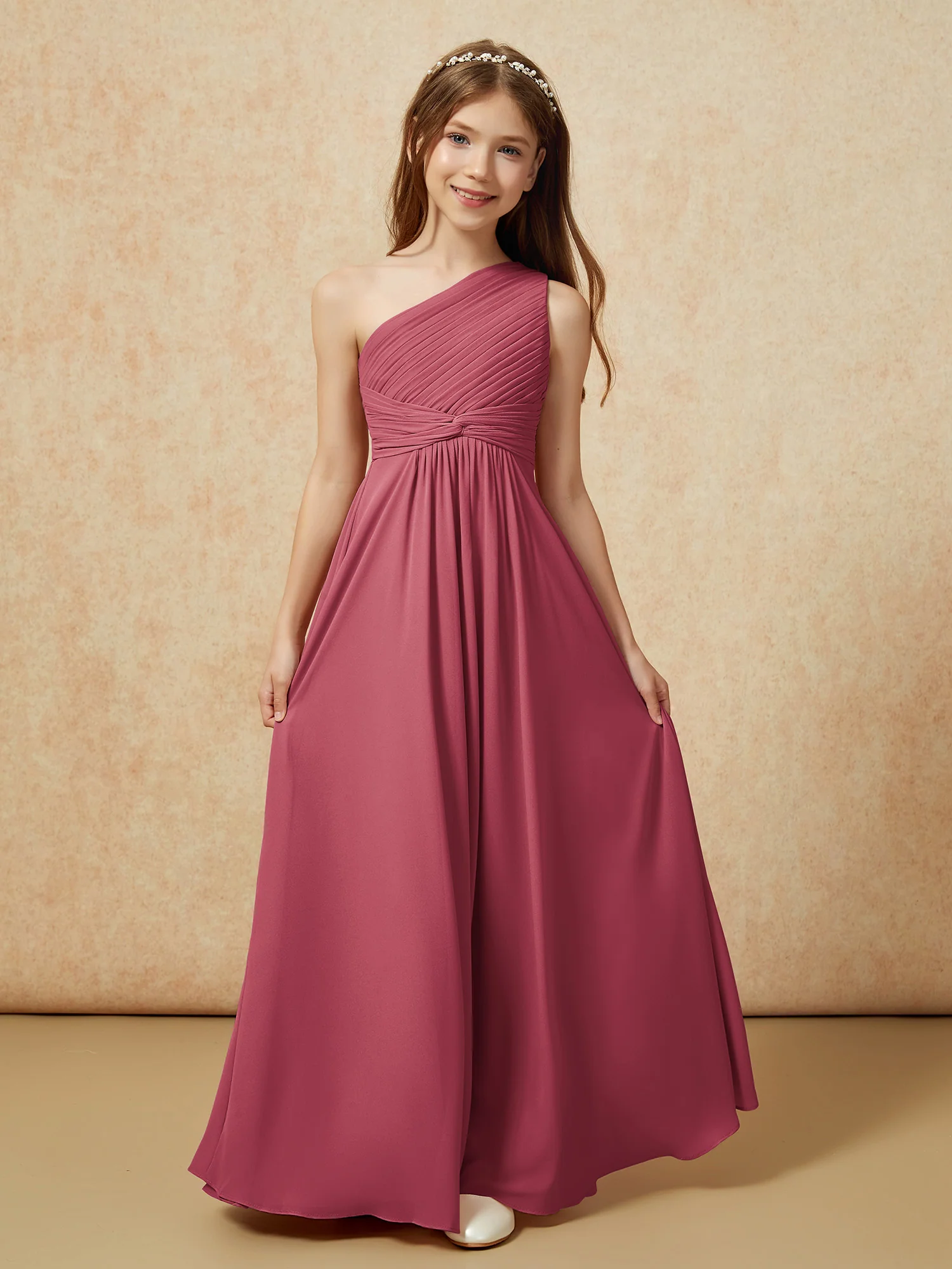 One Shoulder Pleated Chiffon Junior Bridesmaid Dress Cinnamon Rose - Image 4
