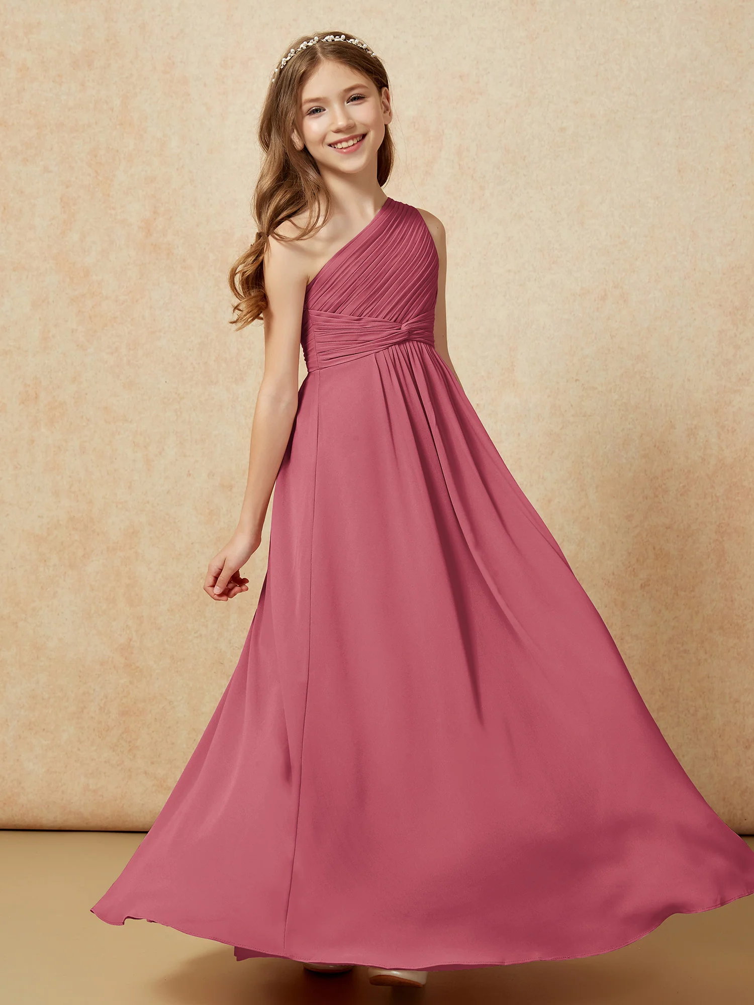 One Shoulder Pleated Chiffon Junior Bridesmaid Dress Cinnamon Rose - Image 5