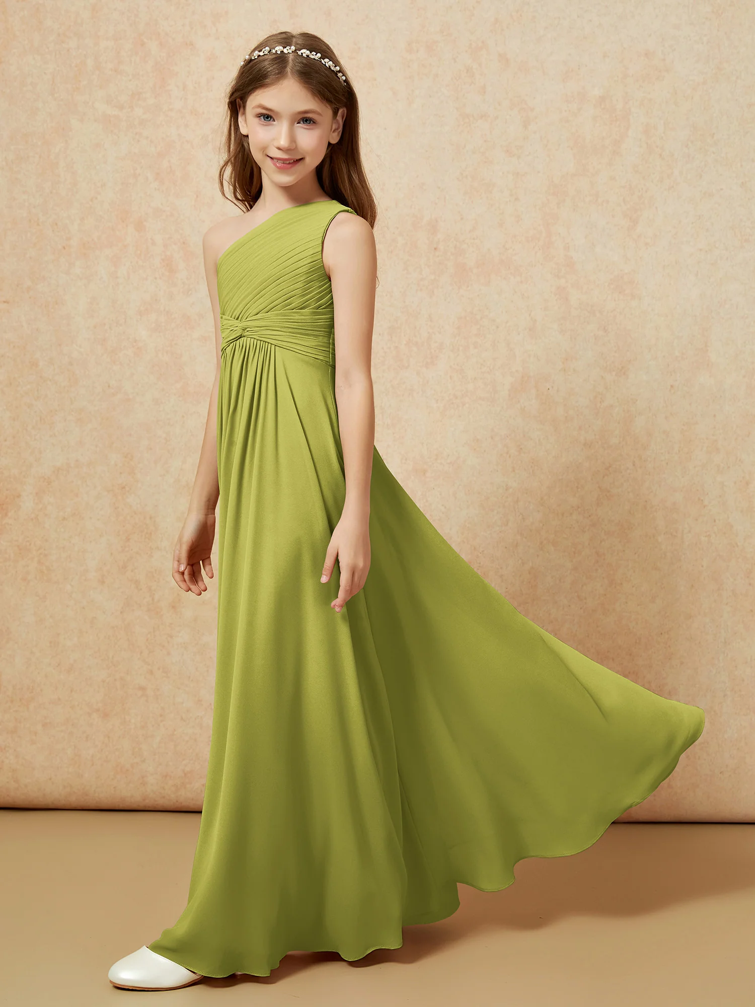 One Shoulder Pleated Chiffon Junior Bridesmaid Dress Clover - Image 3