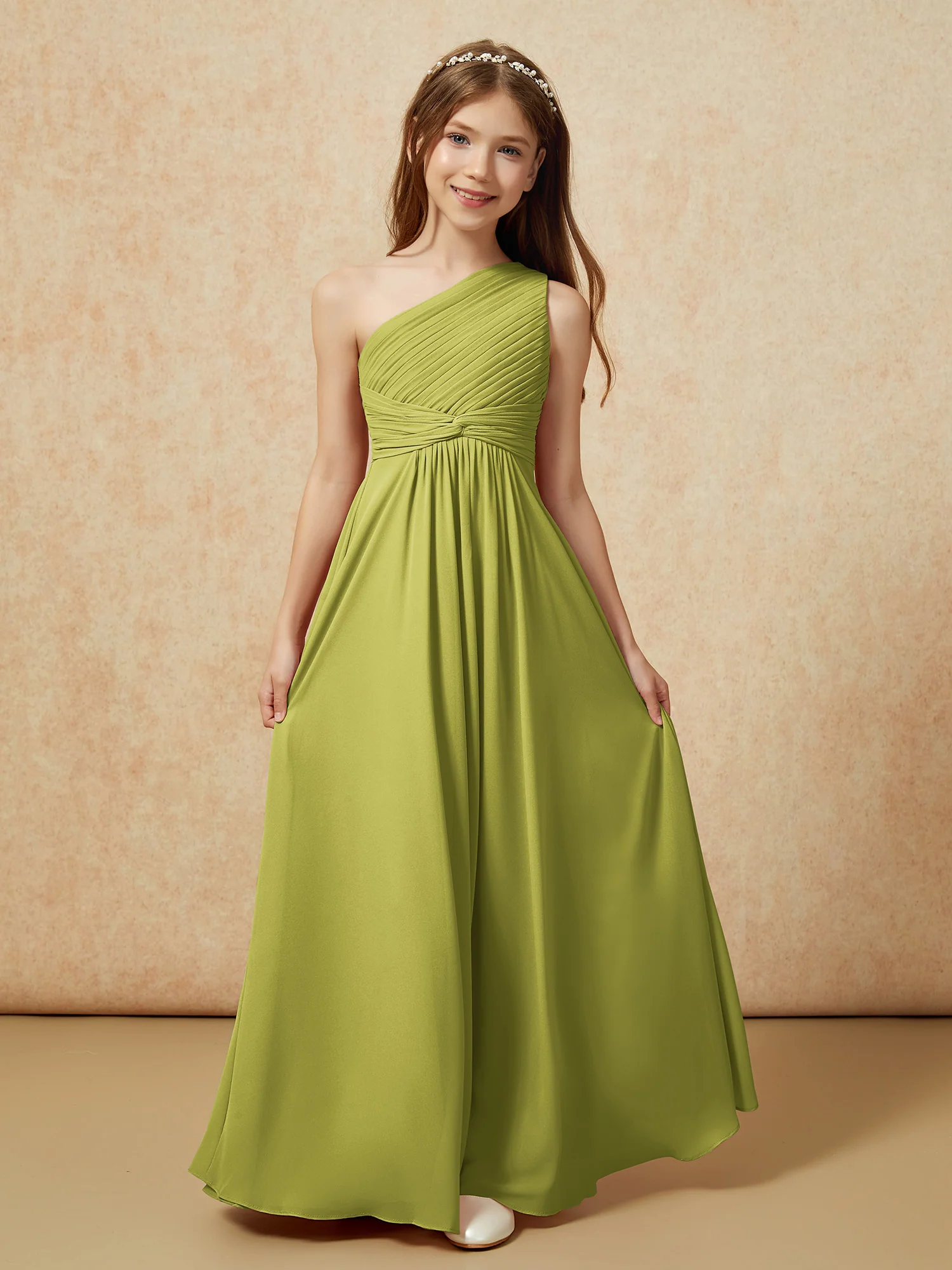 One Shoulder Pleated Chiffon Junior Bridesmaid Dress Clover - Image 4