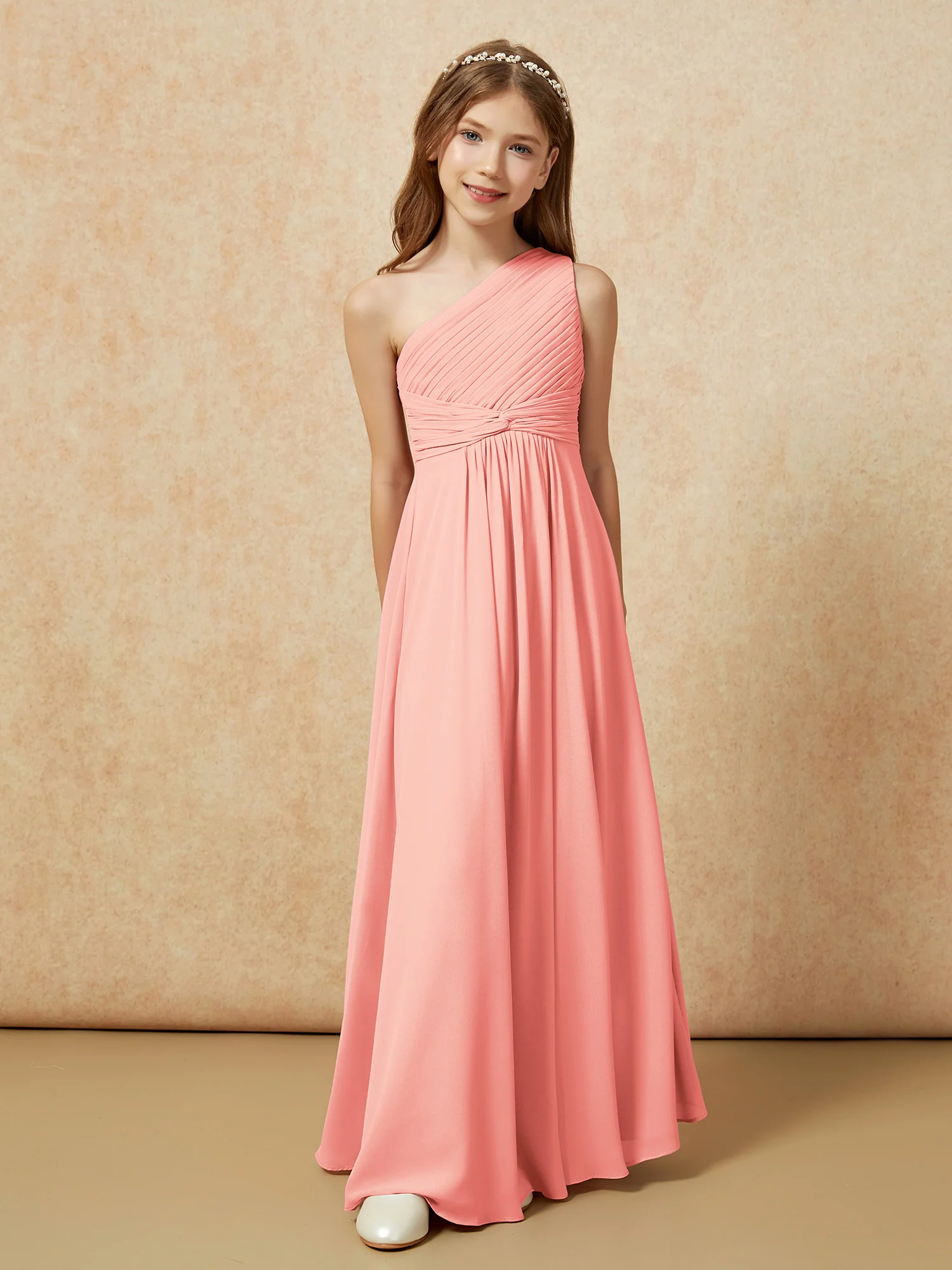 One Shoulder Pleated Chiffon Junior Bridesmaid Dress Coral