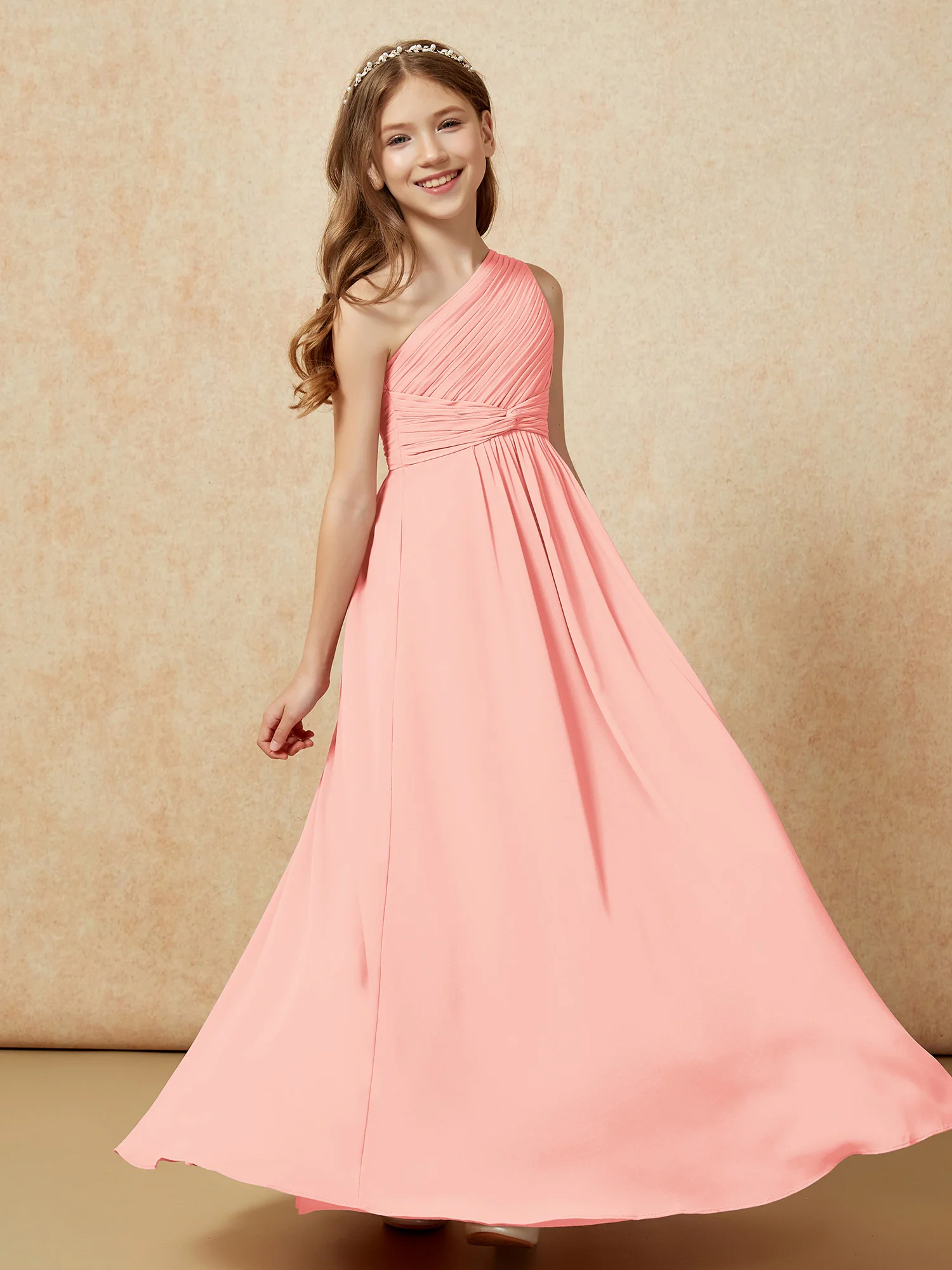 One Shoulder Pleated Chiffon Junior Bridesmaid Dress Coral - Image 5