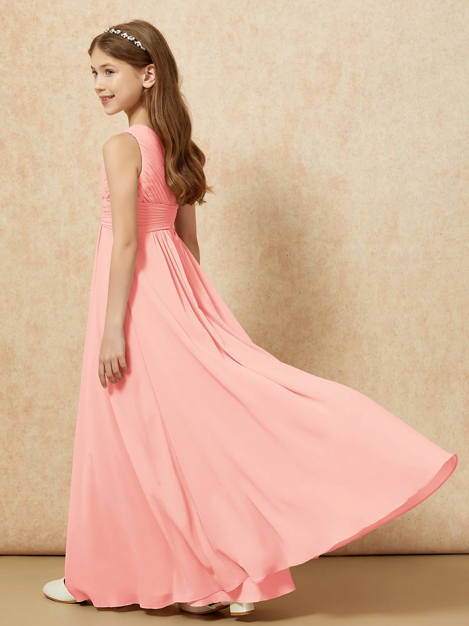 One Shoulder Pleated Chiffon Junior Bridesmaid Dress Coral - Image 6