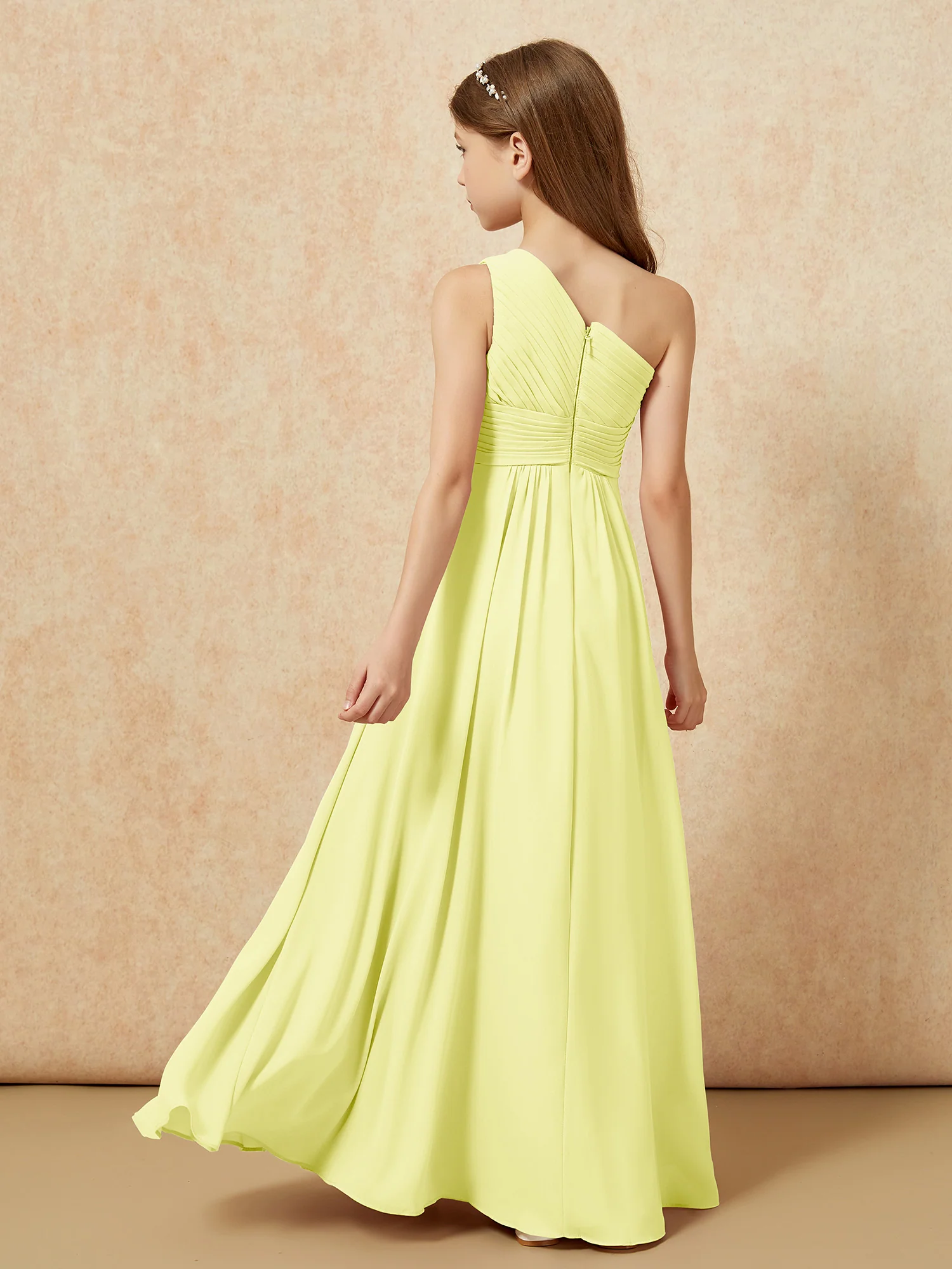 One Shoulder Pleated Chiffon Junior Bridesmaid Dress Daffodil - Image 2