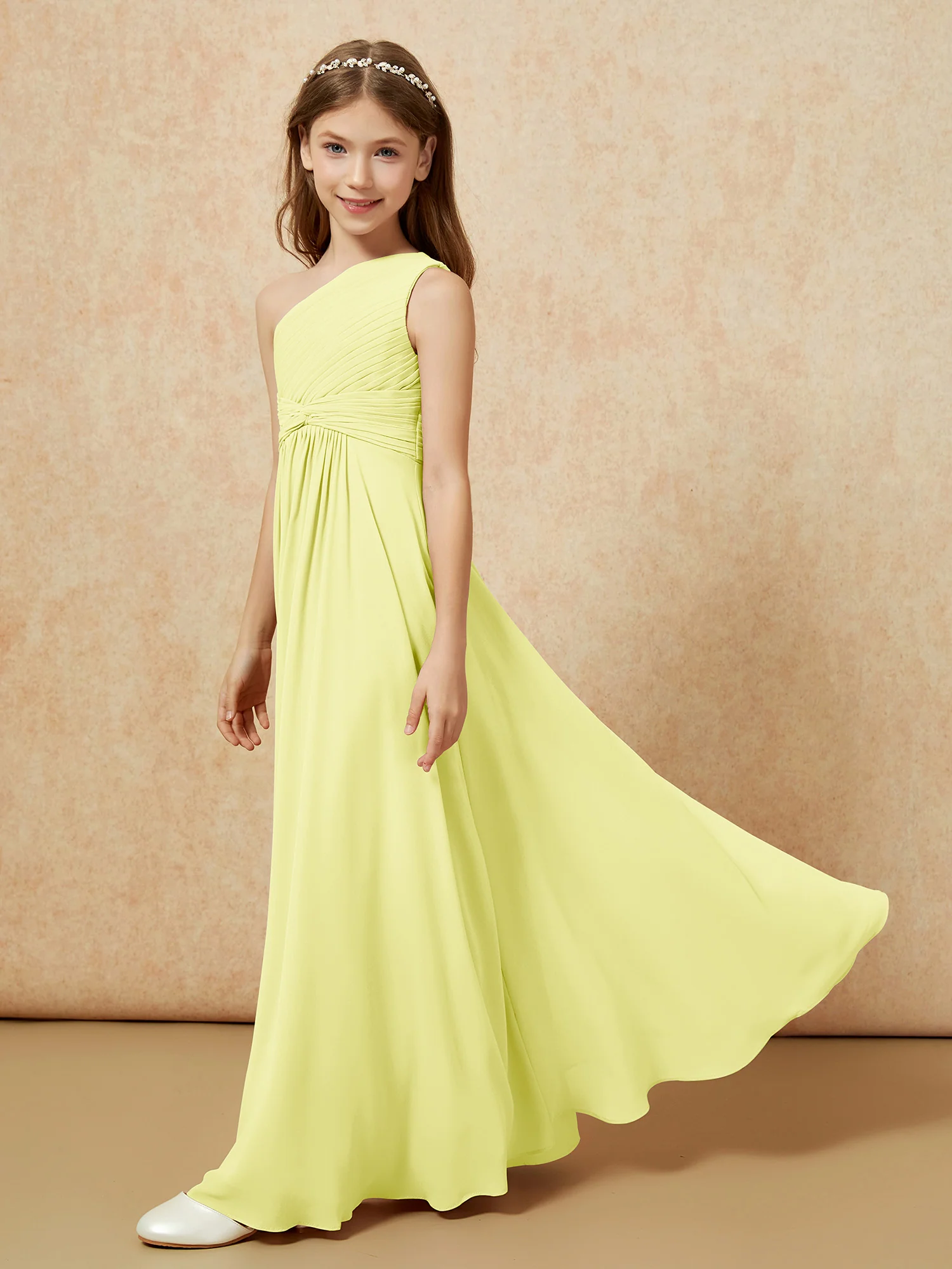 One Shoulder Pleated Chiffon Junior Bridesmaid Dress Daffodil - Image 3