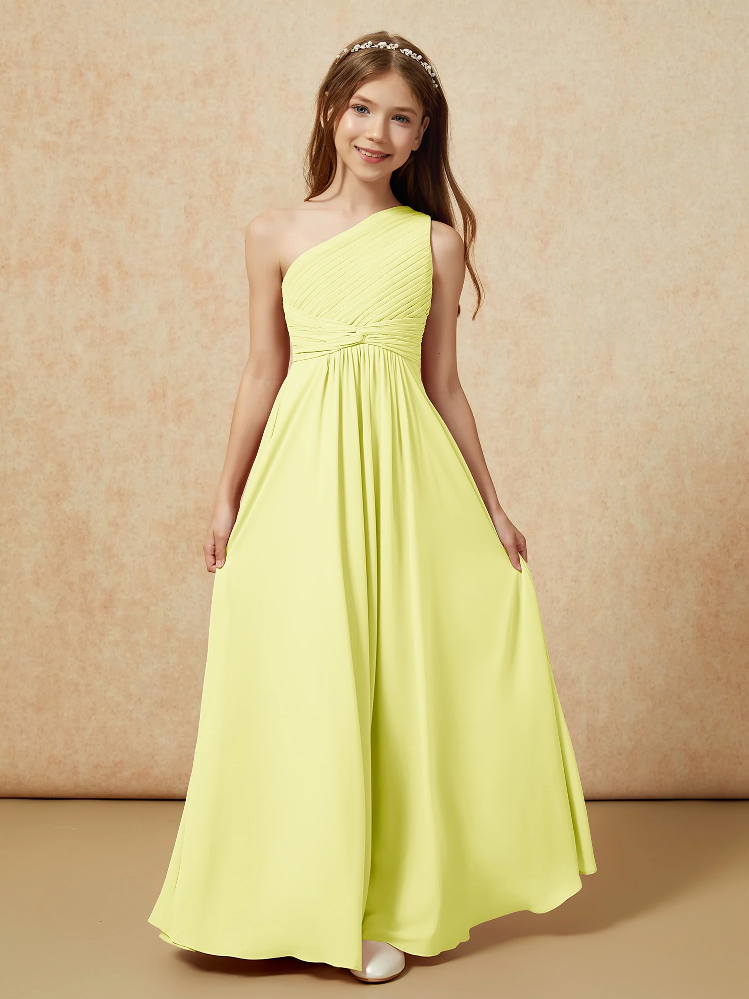 One Shoulder Pleated Chiffon Junior Bridesmaid Dress Daffodil - Image 4