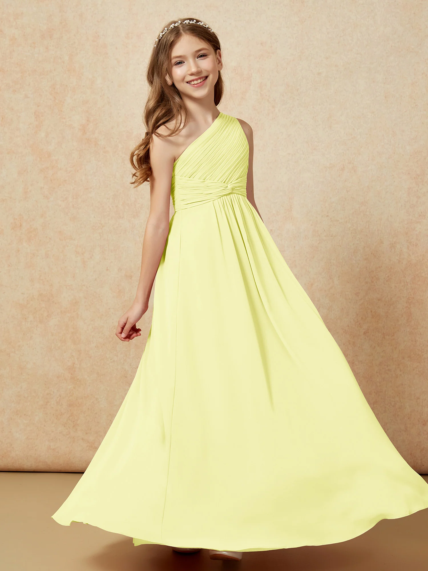 One Shoulder Pleated Chiffon Junior Bridesmaid Dress Daffodil - Image 5