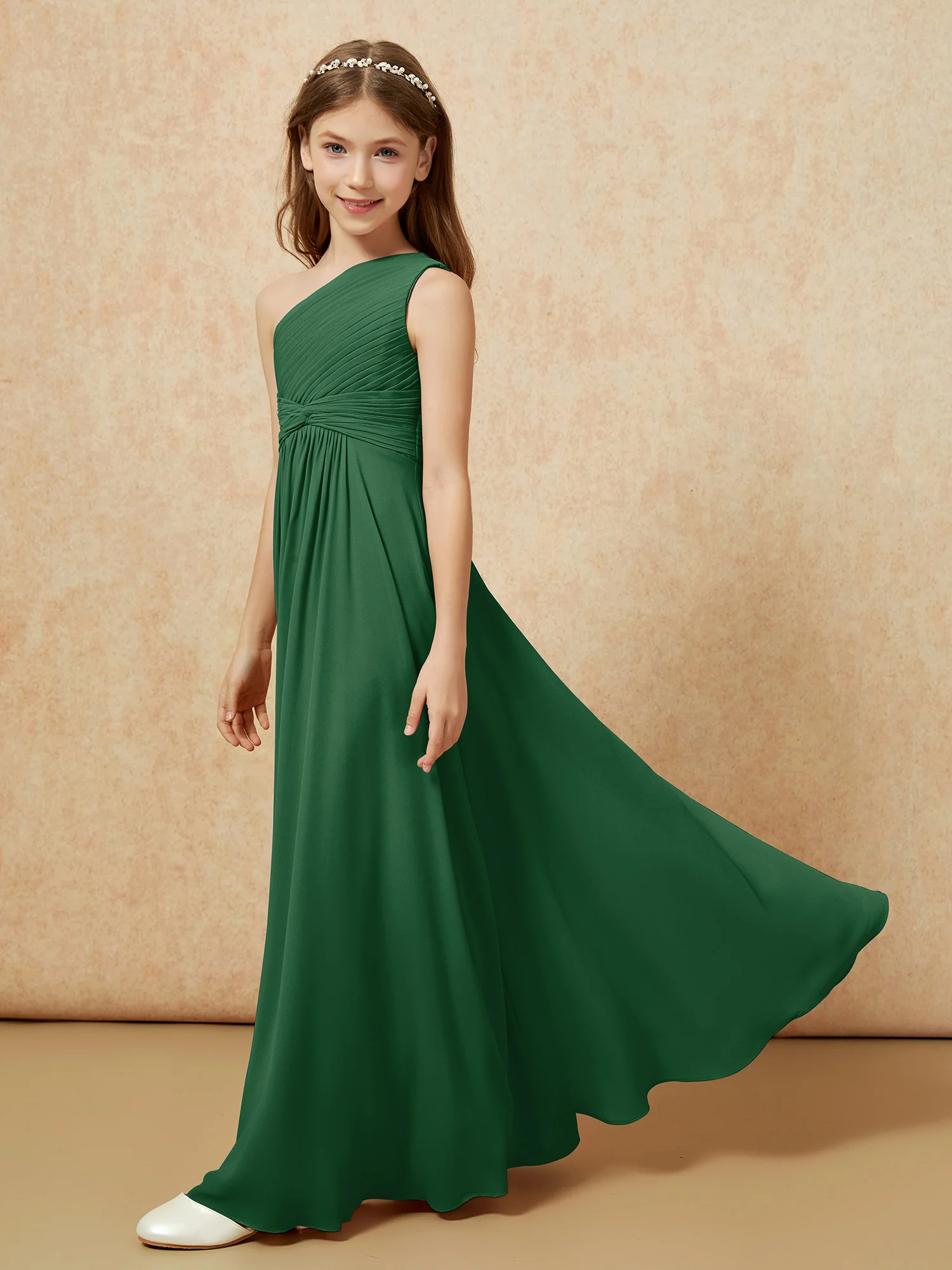 One Shoulder Pleated Chiffon Junior Bridesmaid Dress Dark Green - Image 3