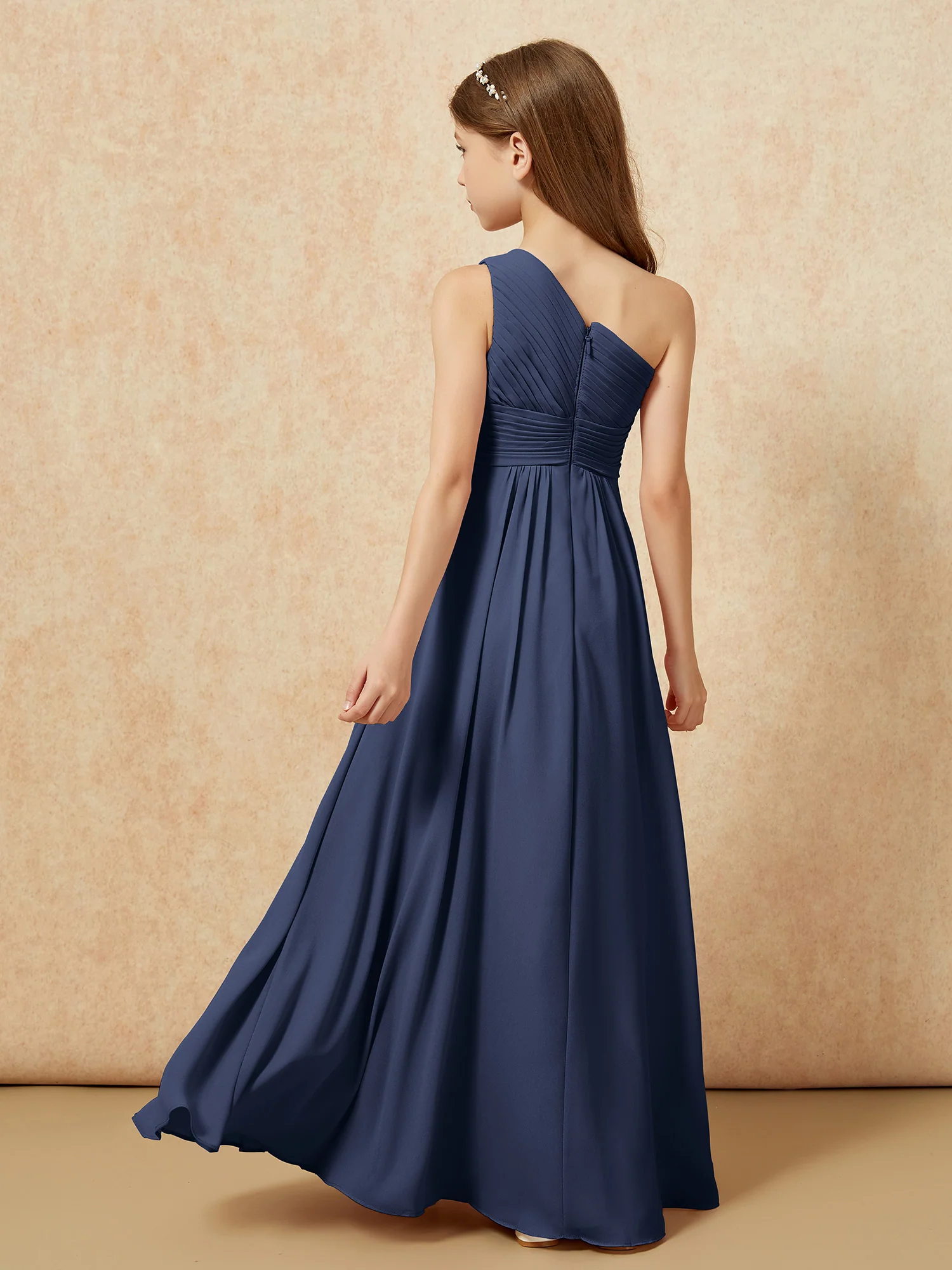 One Shoulder Pleated Chiffon Junior Bridesmaid Dress Dark Navy - Image 2