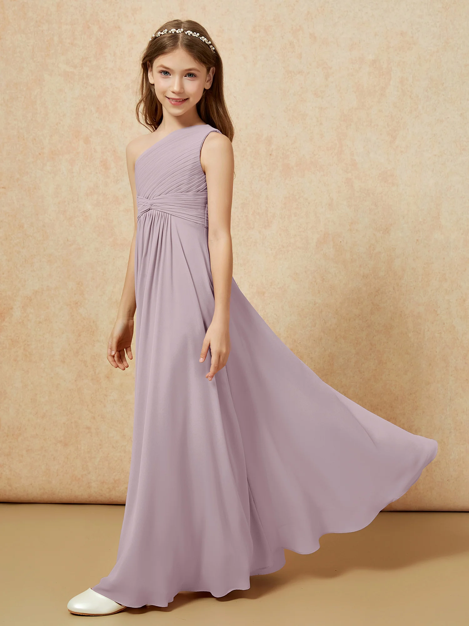 One Shoulder Pleated Chiffon Junior Bridesmaid Dress Dusk - Image 3