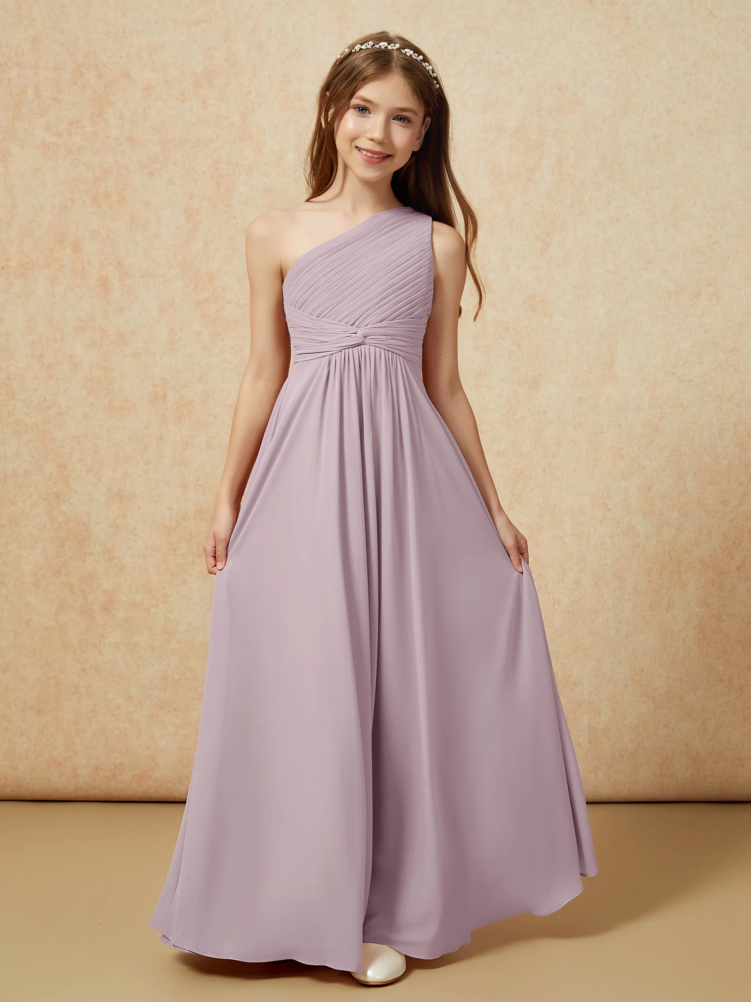 One Shoulder Pleated Chiffon Junior Bridesmaid Dress Dusk - Image 4